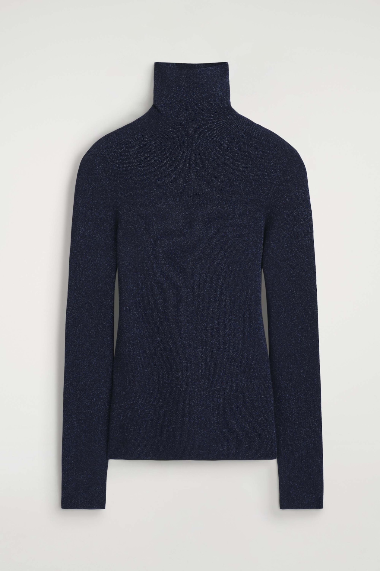 The sparkly seamless wool funnel-neck top is shown from the front, featuring a high, structured collar and long, slim-fitting sleeves. The dark navy blue fine-knit fabric displays a subtle allover metallic shimmer.