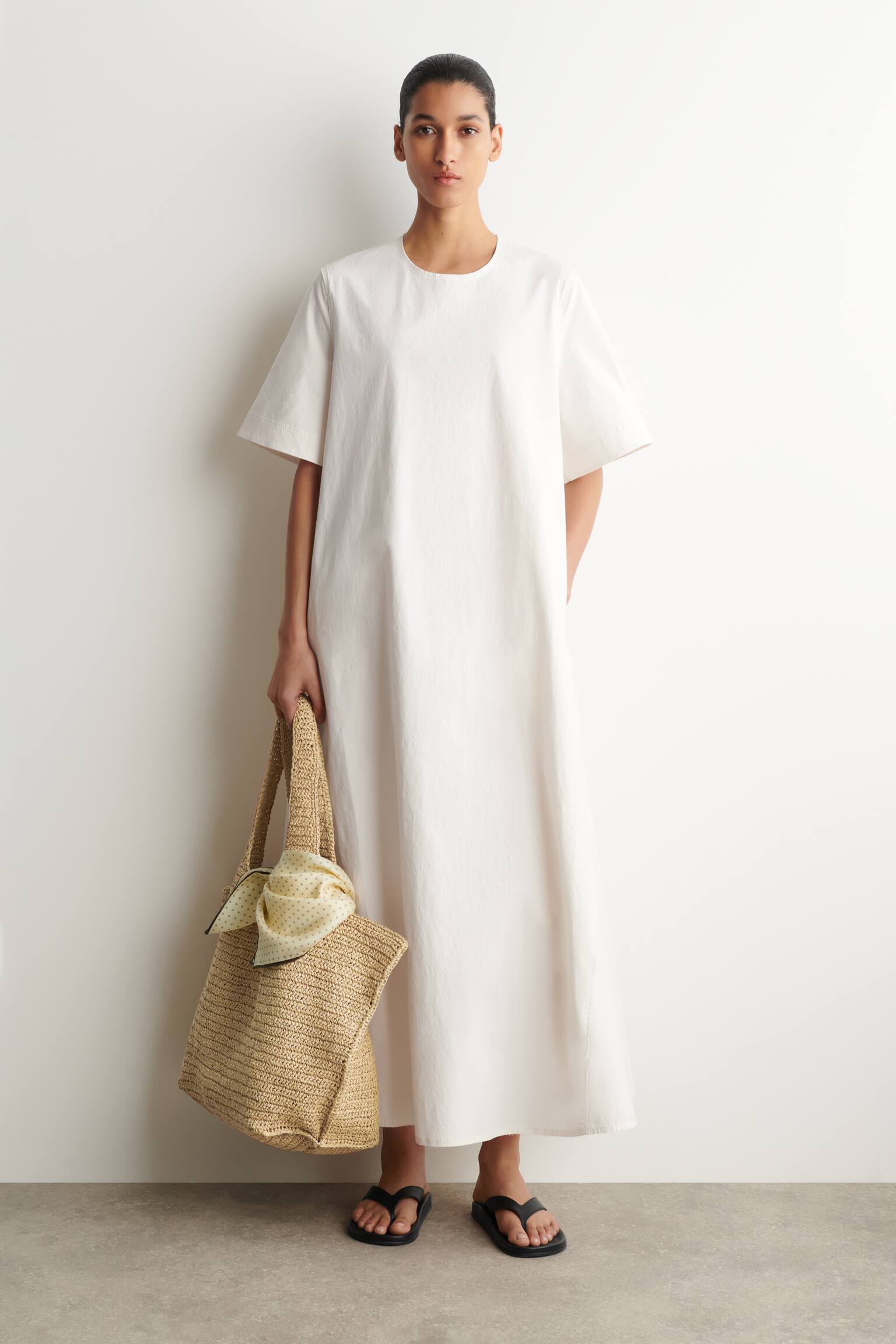 RAW-CUT COTTON MIDI DRESS - לבן - 1