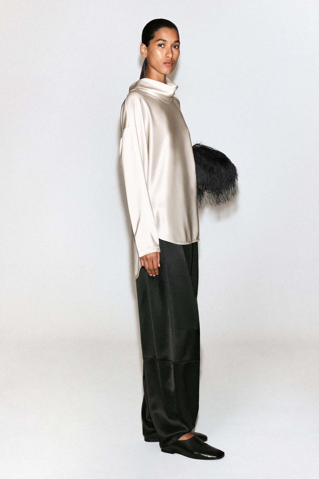 COWL-NECK SATIN BLOUSE — CREAM