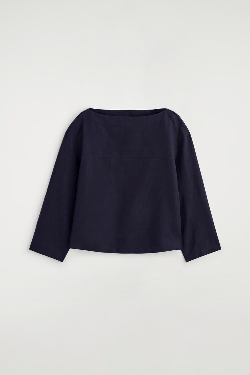 Boat-Neck Linen Blouse in Navy
