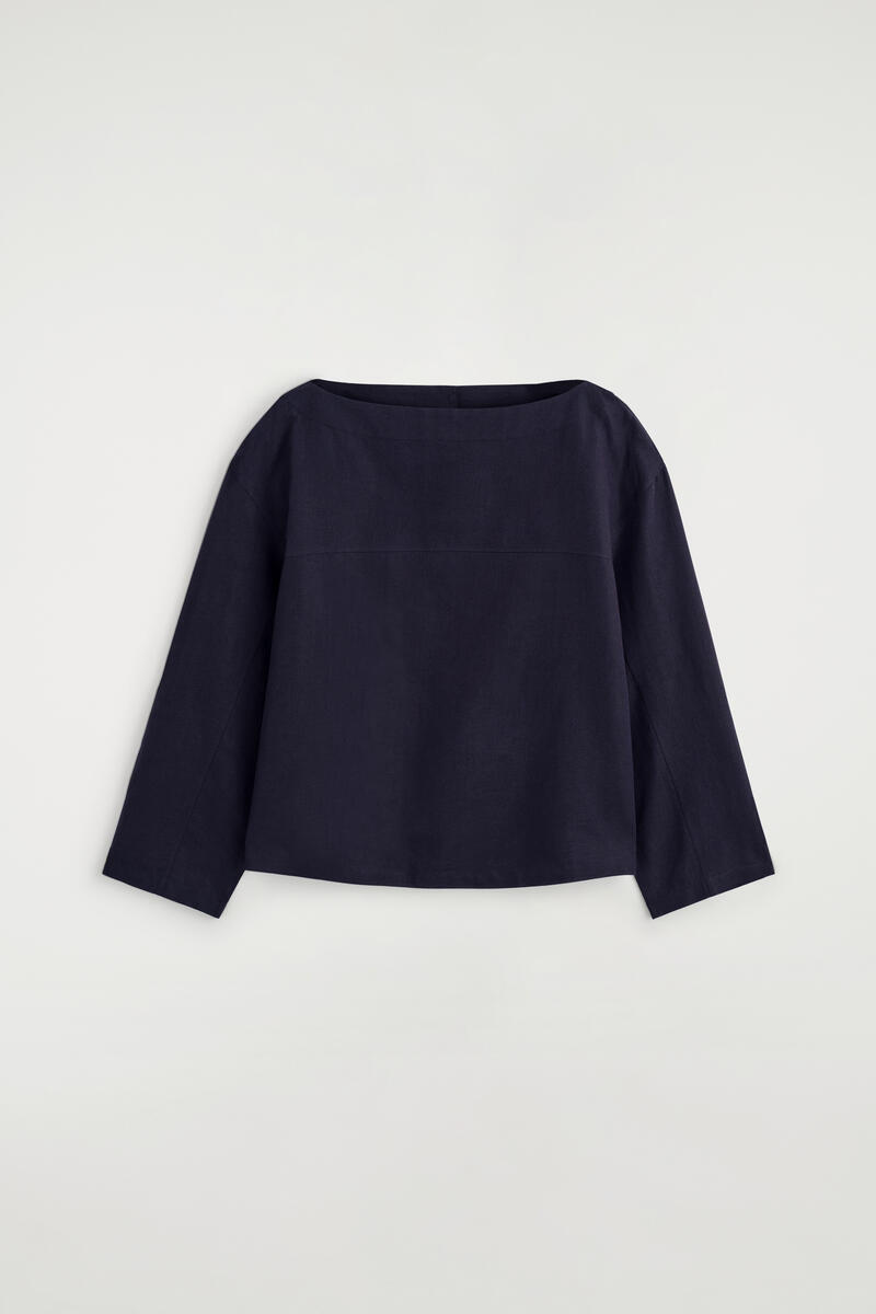 Cos Boat-neck Linen Blouse In Navy In Blue