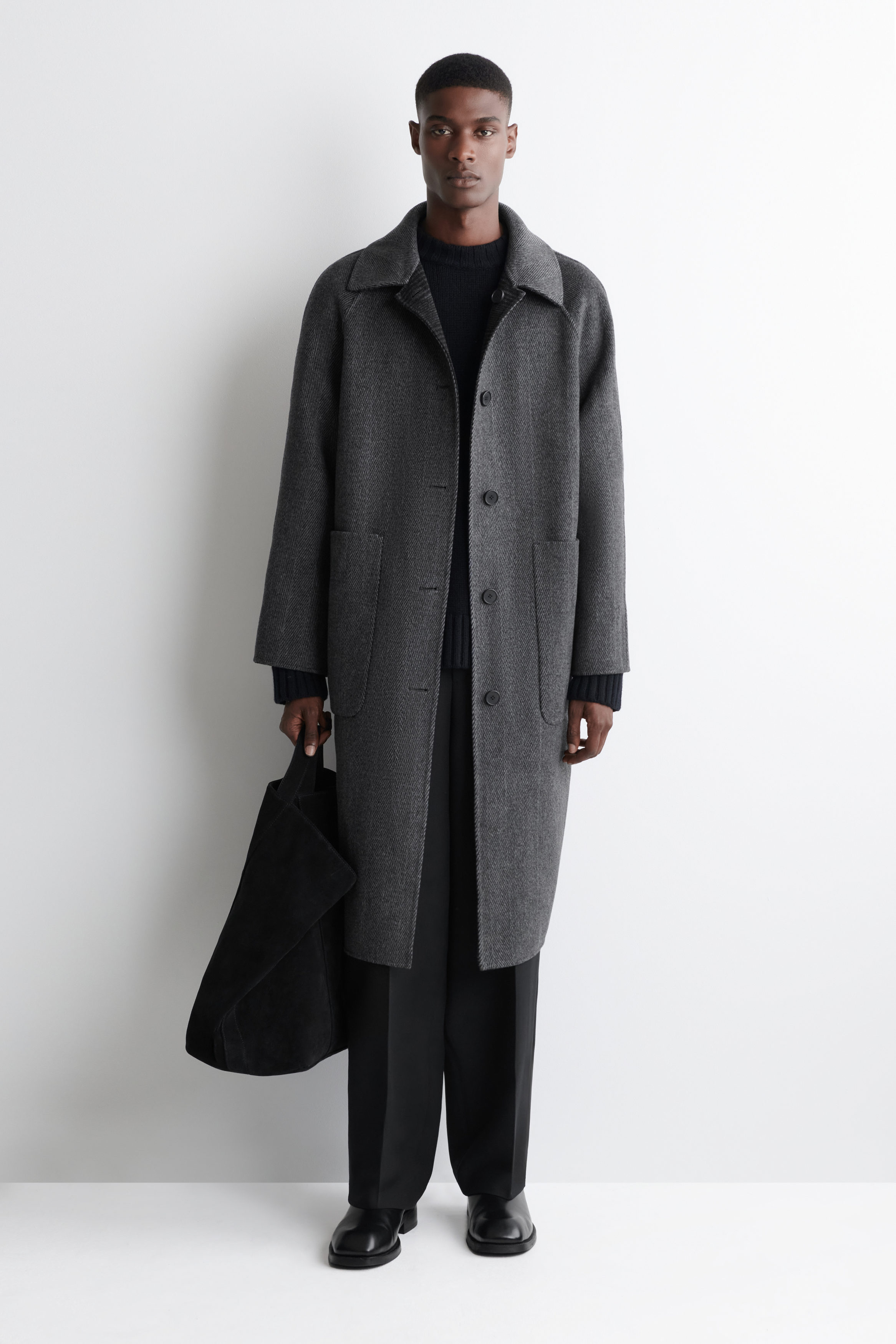 REVERSIBLE CHECKED / HERRINGBONE WOOL COAT - GREY / CHECKED