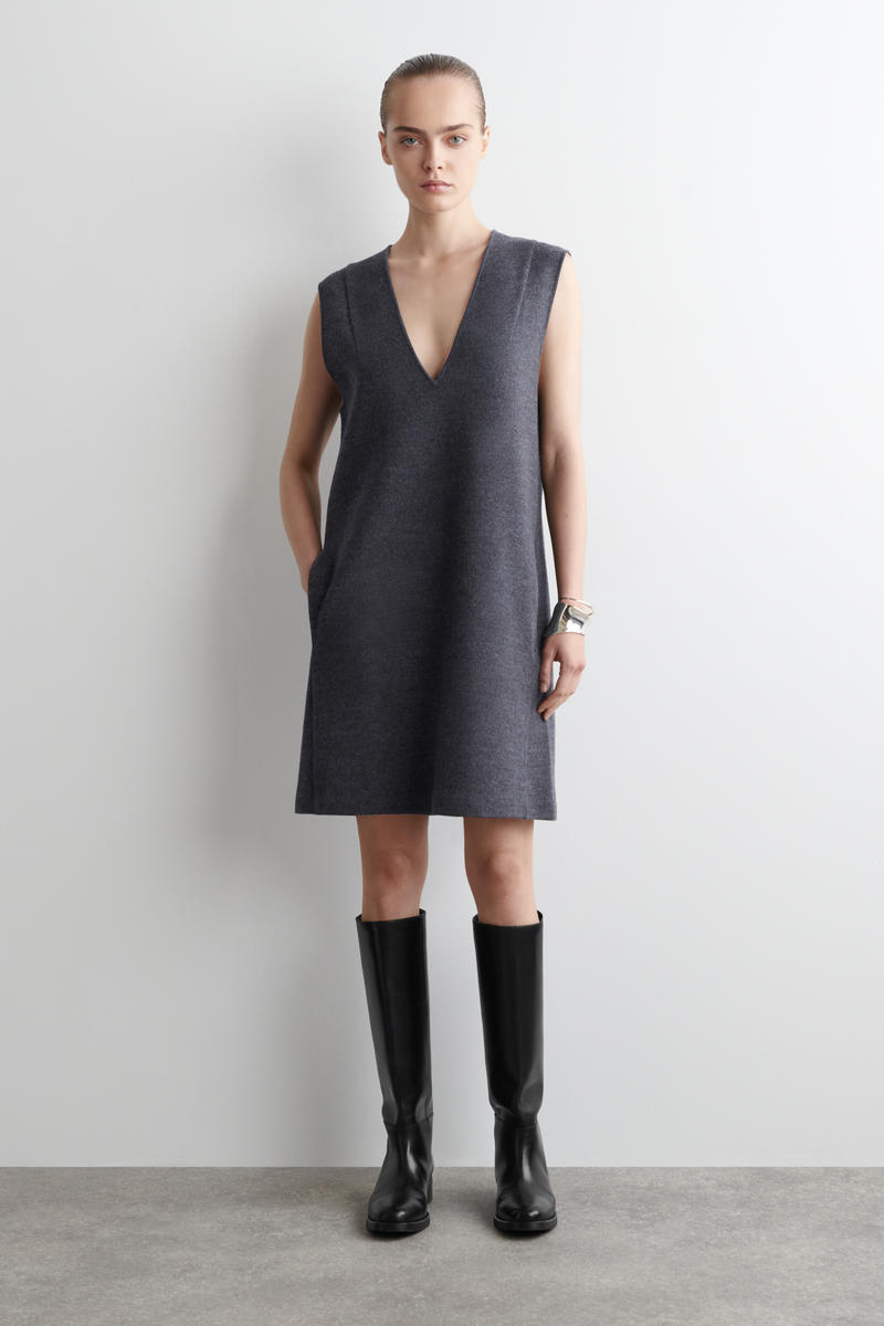 Cos Boiled Wool V-neck Mini Dress In Gray