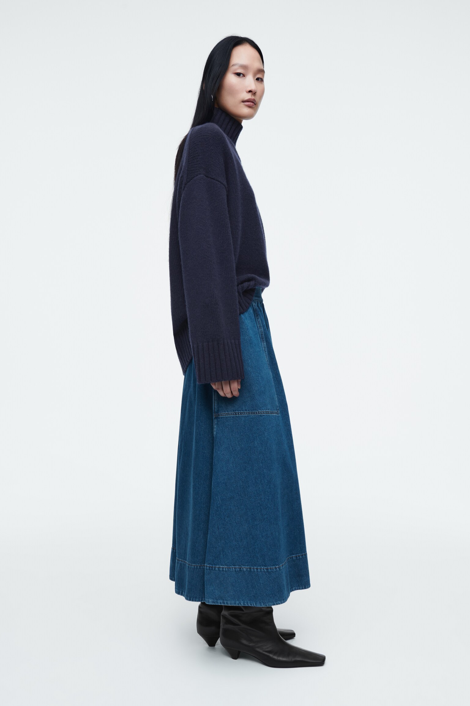 ELASTICATED DENIM MIDI SKIRT - BLUE - 3