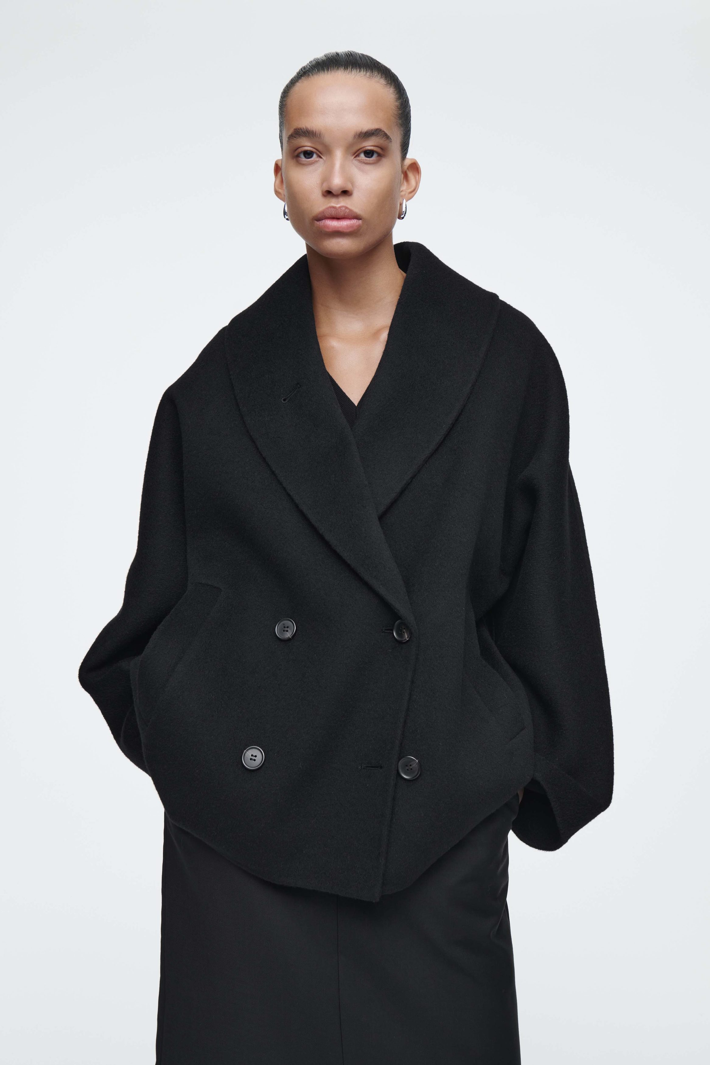 【翌日発送可能】 WOOL DOUBLE-FACED PEA COS | BLACK - COAT ジャケット・アウター