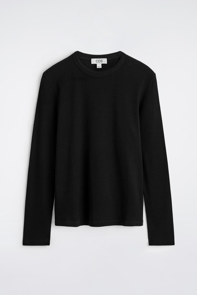 Cos Slim Ribbed Cotton Long-sleeved T-shirt In Black