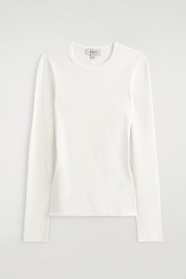 SLIM RIBBED COTTON LONG-SLEEVED TOP — WHITE 8