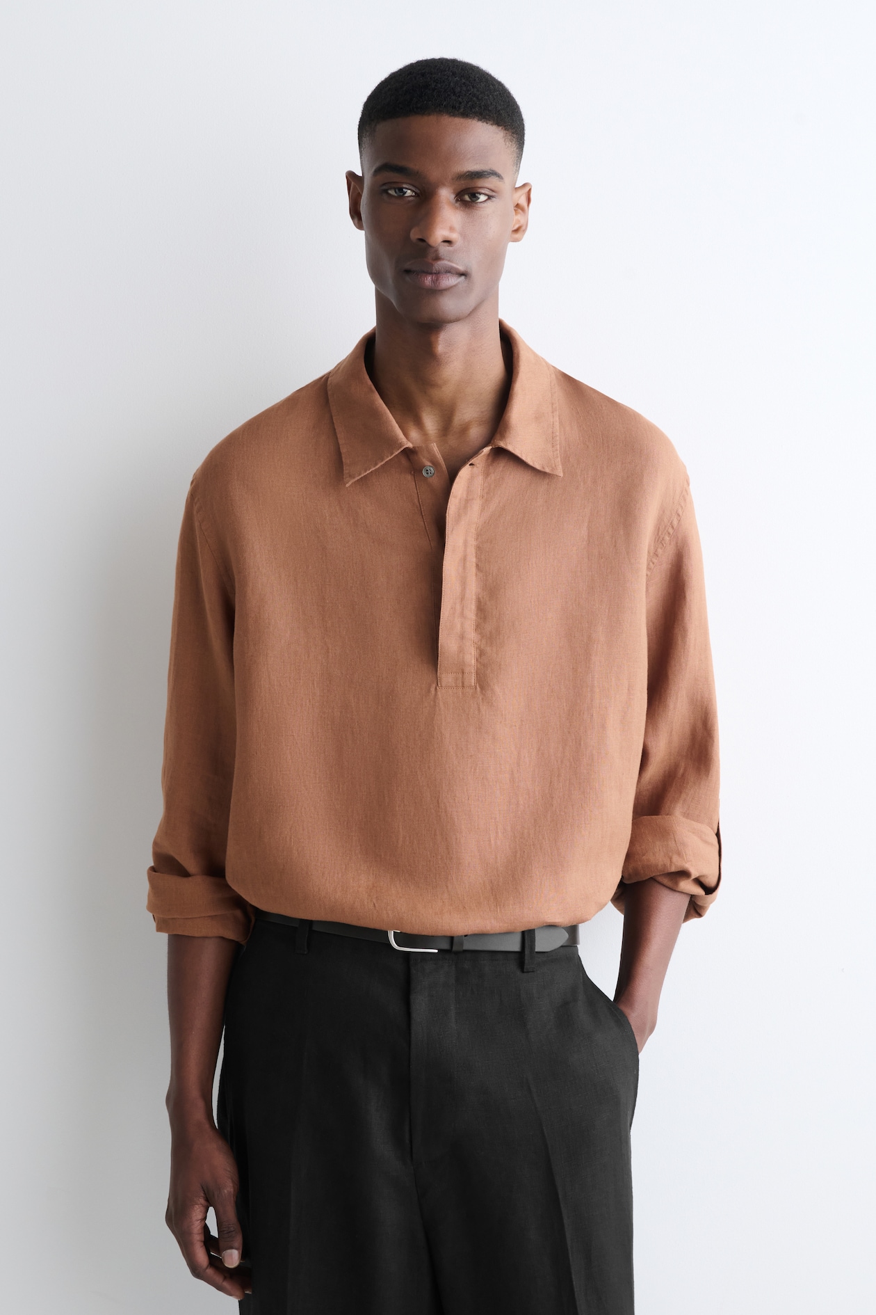 Men s BROWN LINEN POPOVER SHIRT H M GB men-s-brown-linen-popover-shirt-h-m-gb