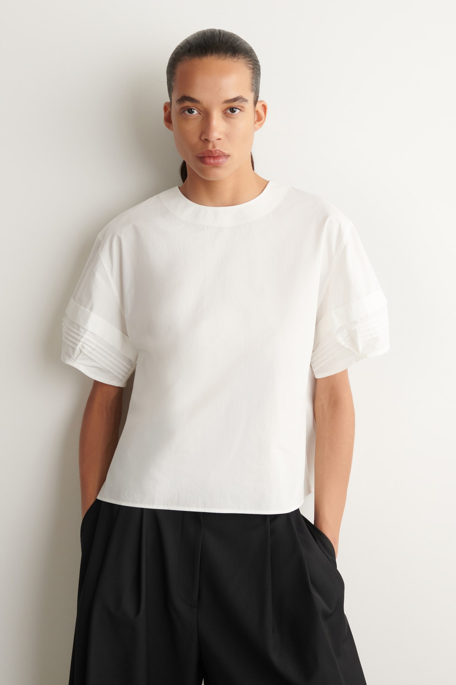 BLUZĂ DIN BUMBAC CU PLIURI FINE - OFF-WHITE/MARO - 1