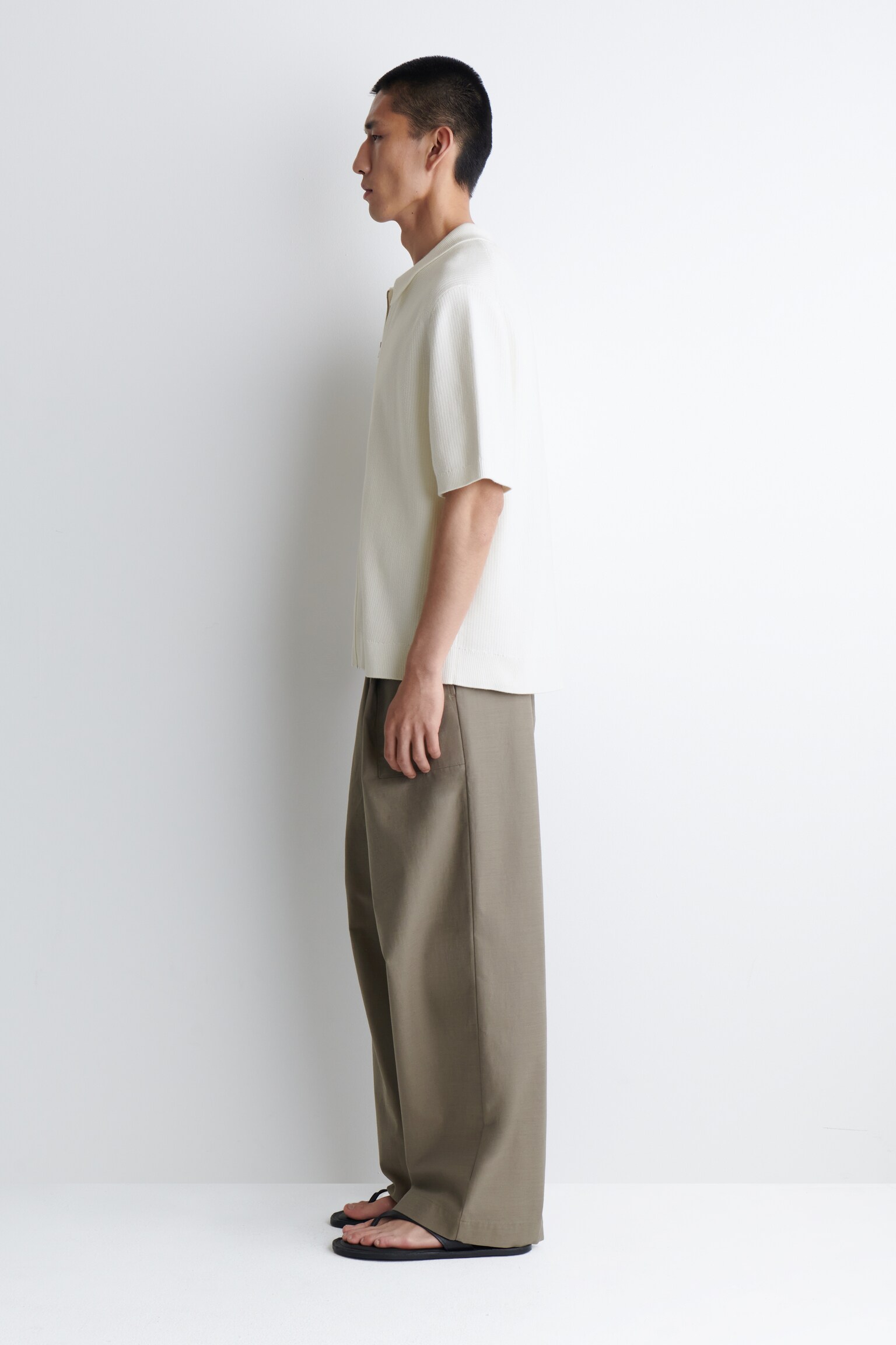 CHEMISE DEMI-ZIPPÉE EN MAILLE DE COTON GAUFRÉE - BLANC/VERT PIN - 3