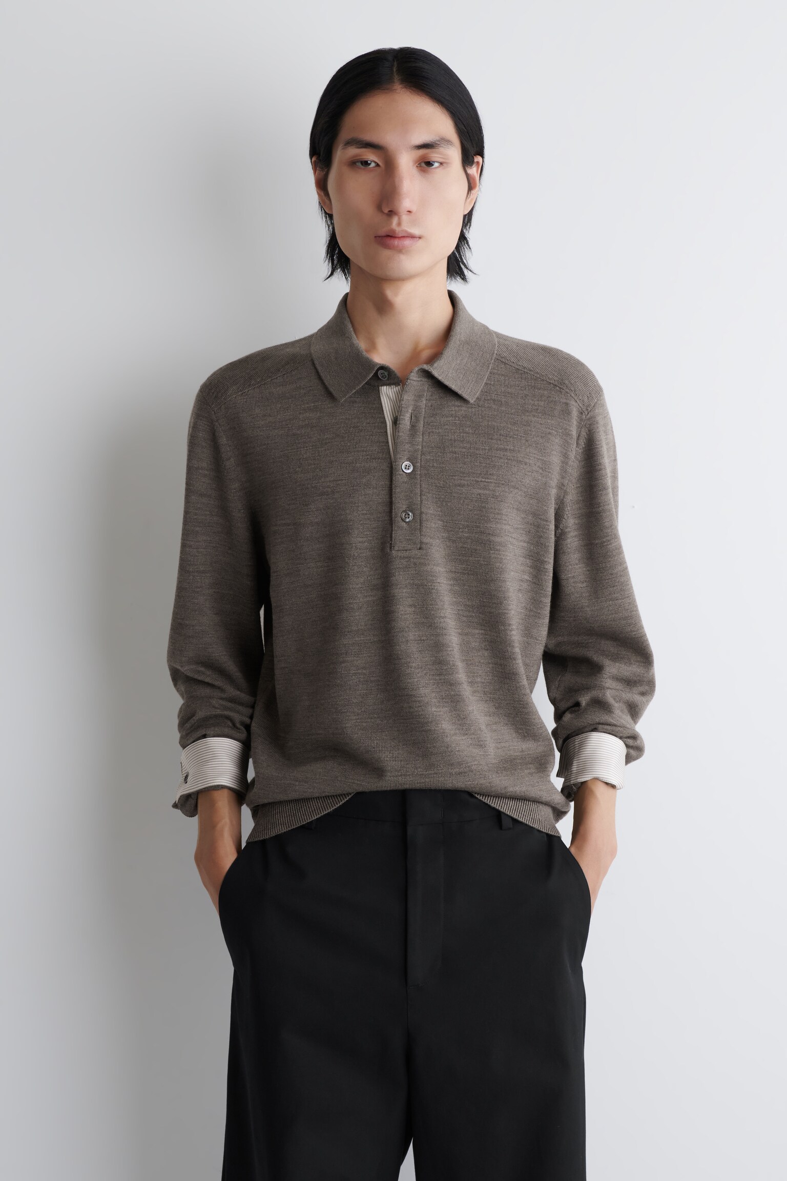 POLO EN MAILLE DE MÉRINOS - BEIGE CHINÉ - 1