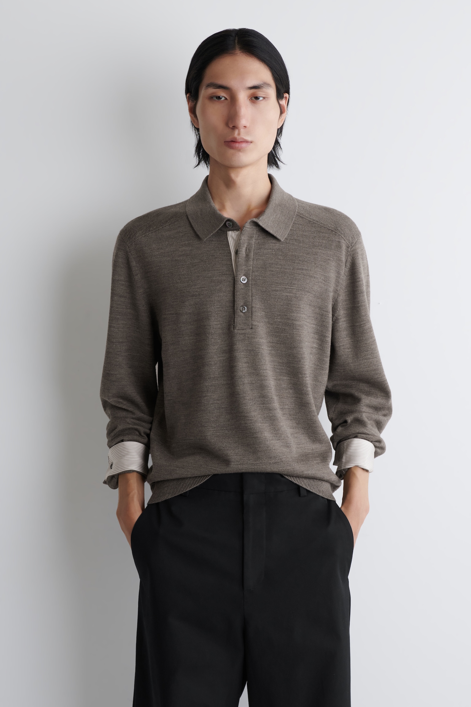 POLO EN MAILLE DE MÉRINOS - GRIS CHINÉ - 1