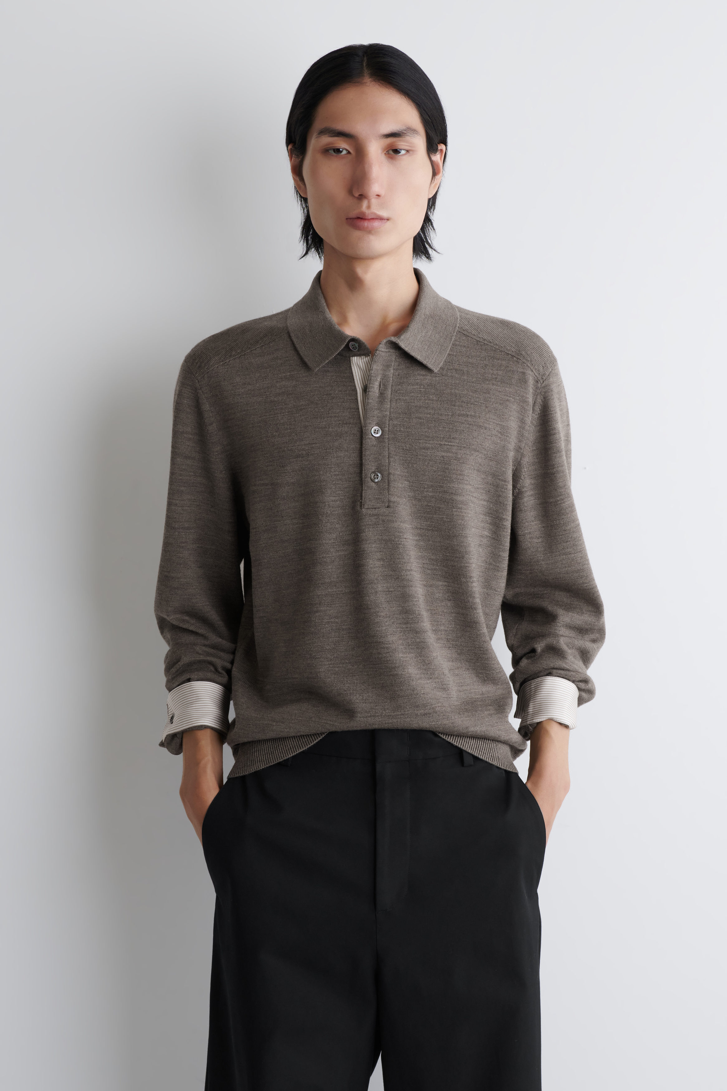 KNITTED MERINO WOOL POLO SHIRT - GRAY MÉLANGE | COS