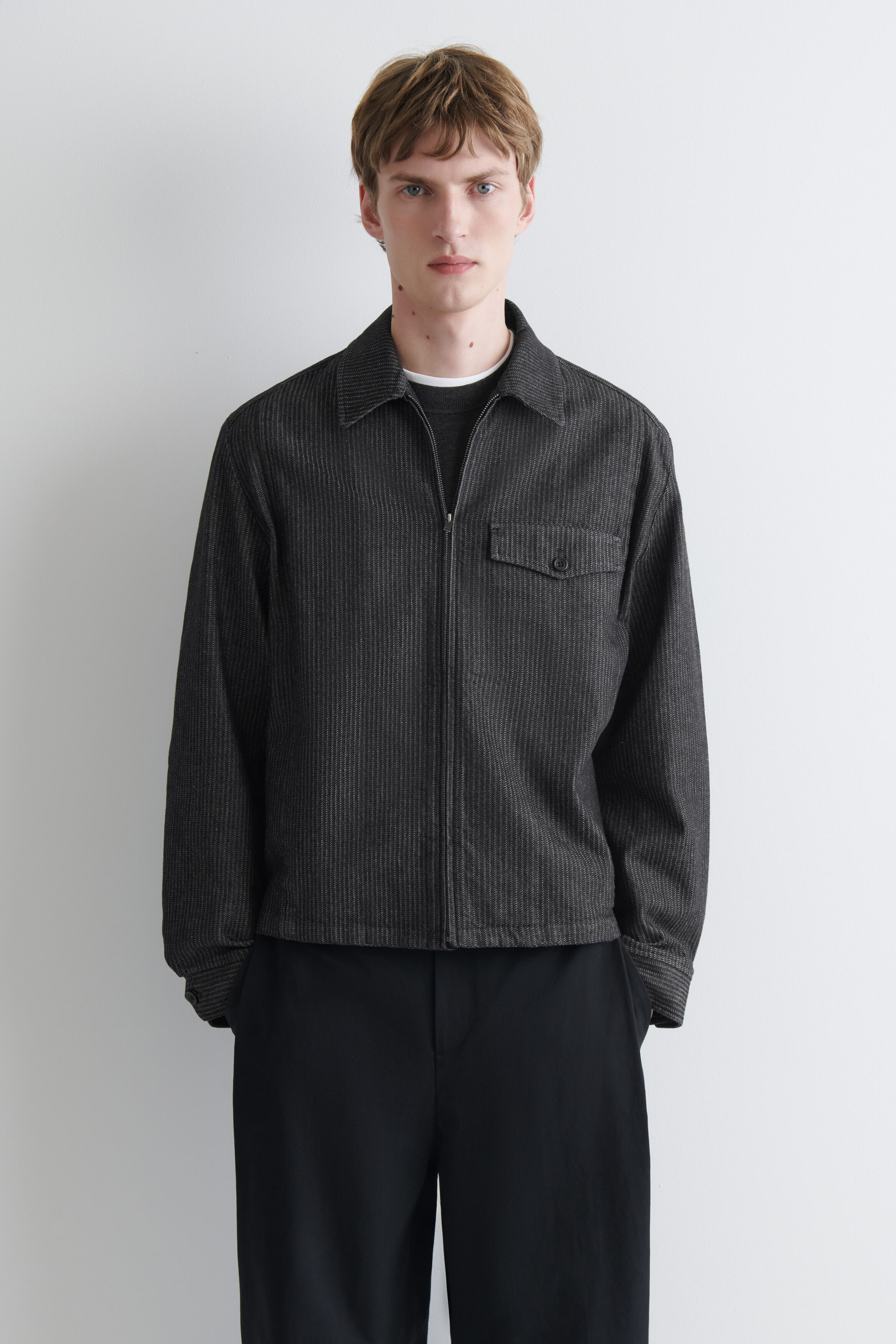PINSTRIPED DENIM ZIP-UP OVERSHIRT - thumbnail 2
