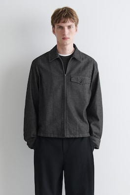 PINSTRIPED DENIM ZIP-UP OVERSHIRT — BLACK / PINSTRIPED 1