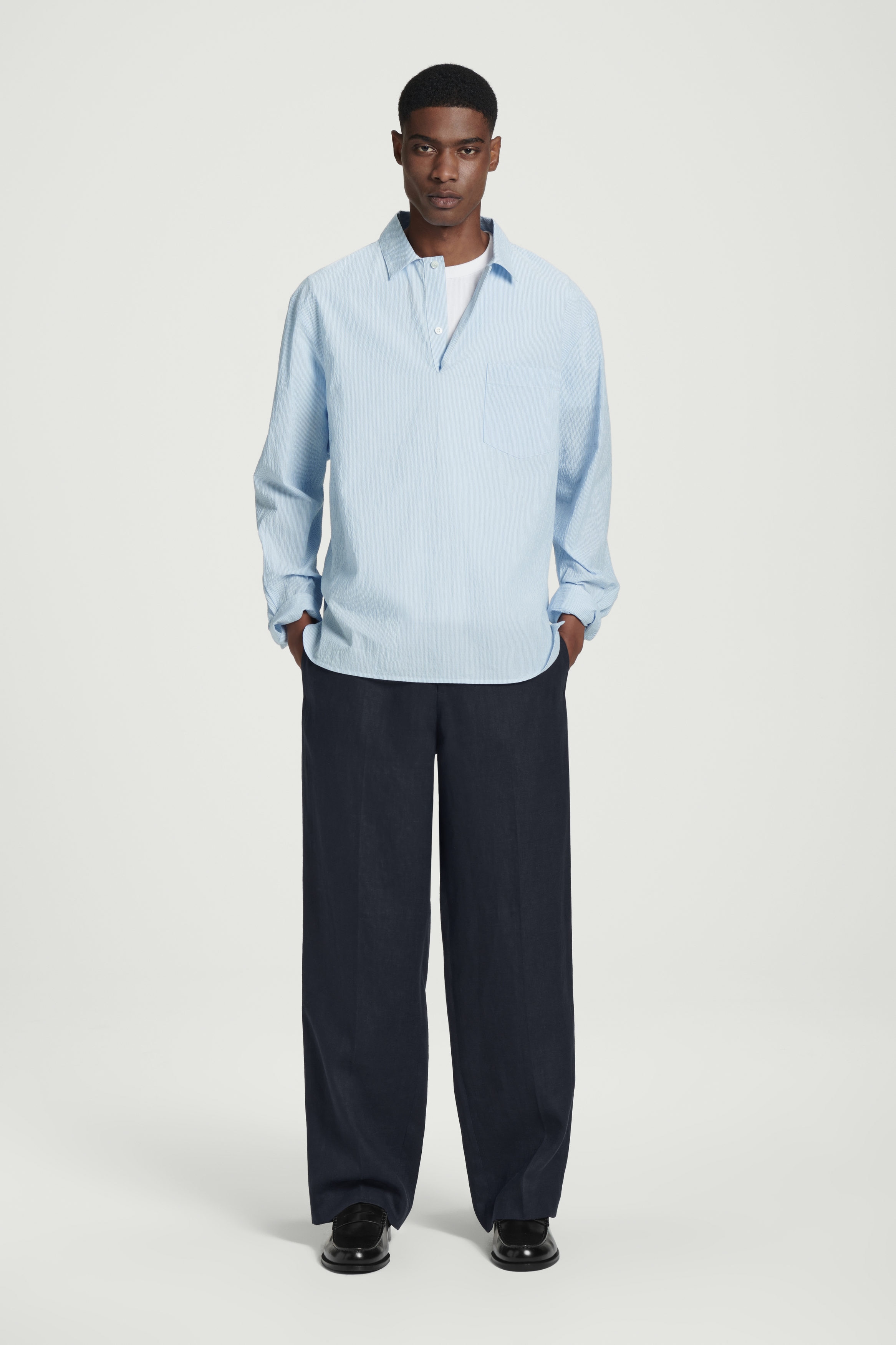 深水光太　SULLEN 90's STRAIGHT TROUSERS ELASTICATED LINEN STRAIGHT-LEG TROUSERS - NAVY | COS