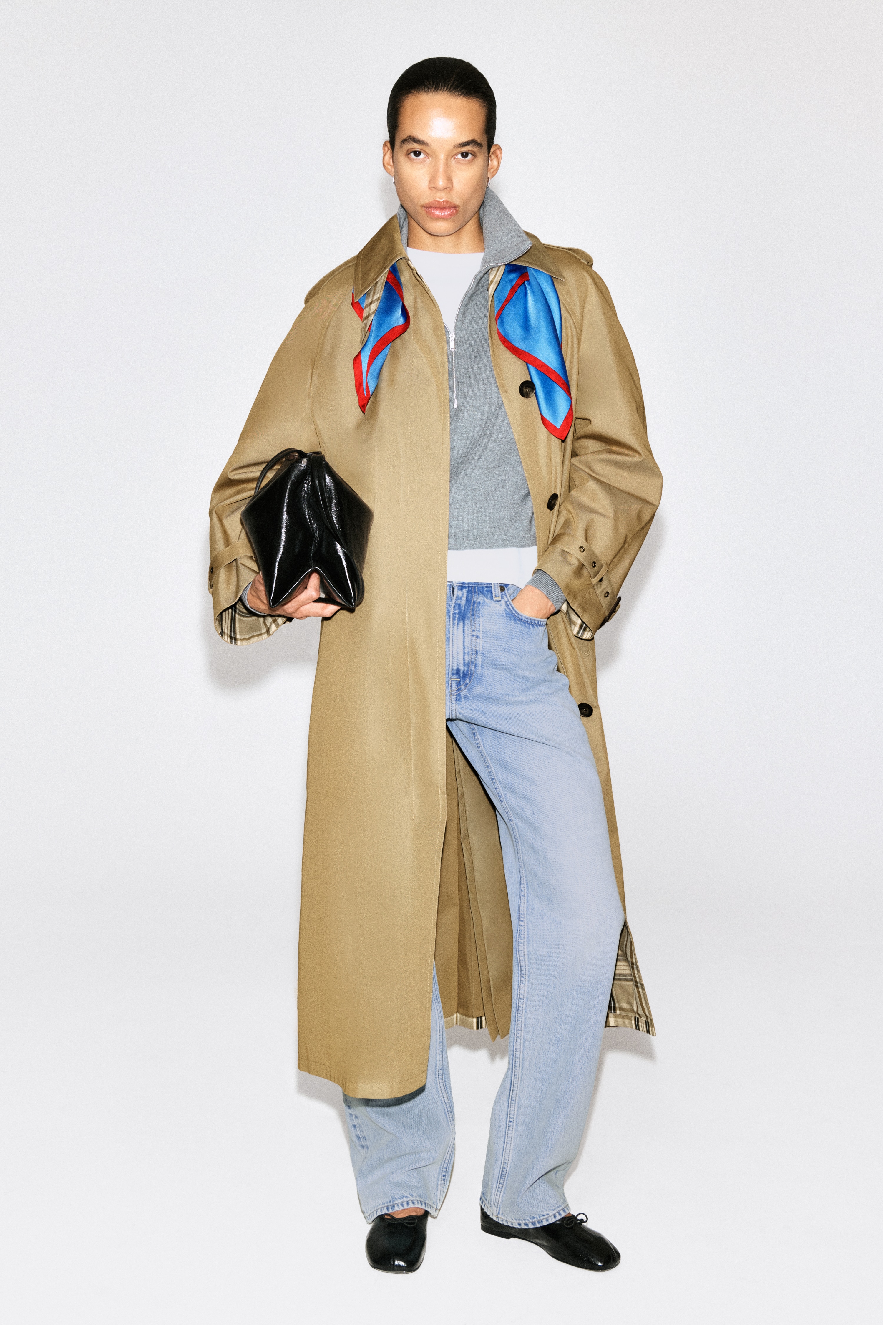 Gabardina de algodão cintada com detalhe xadrez - Bege / Xadrez