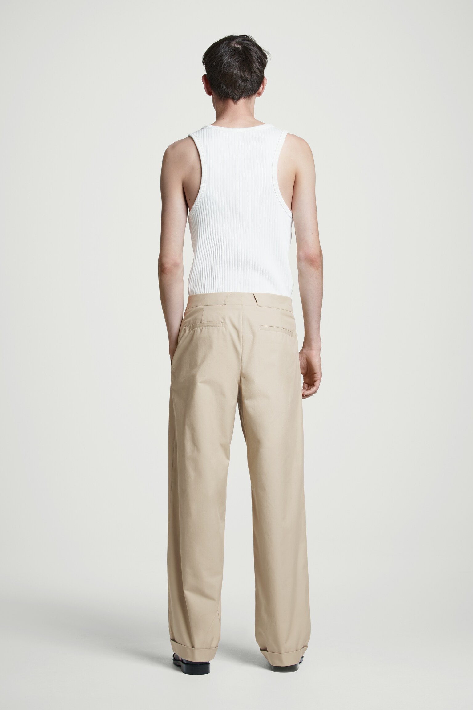 TAPERED COTTON TURN-UP TROUSERS - BEIGE/BLACK - 4