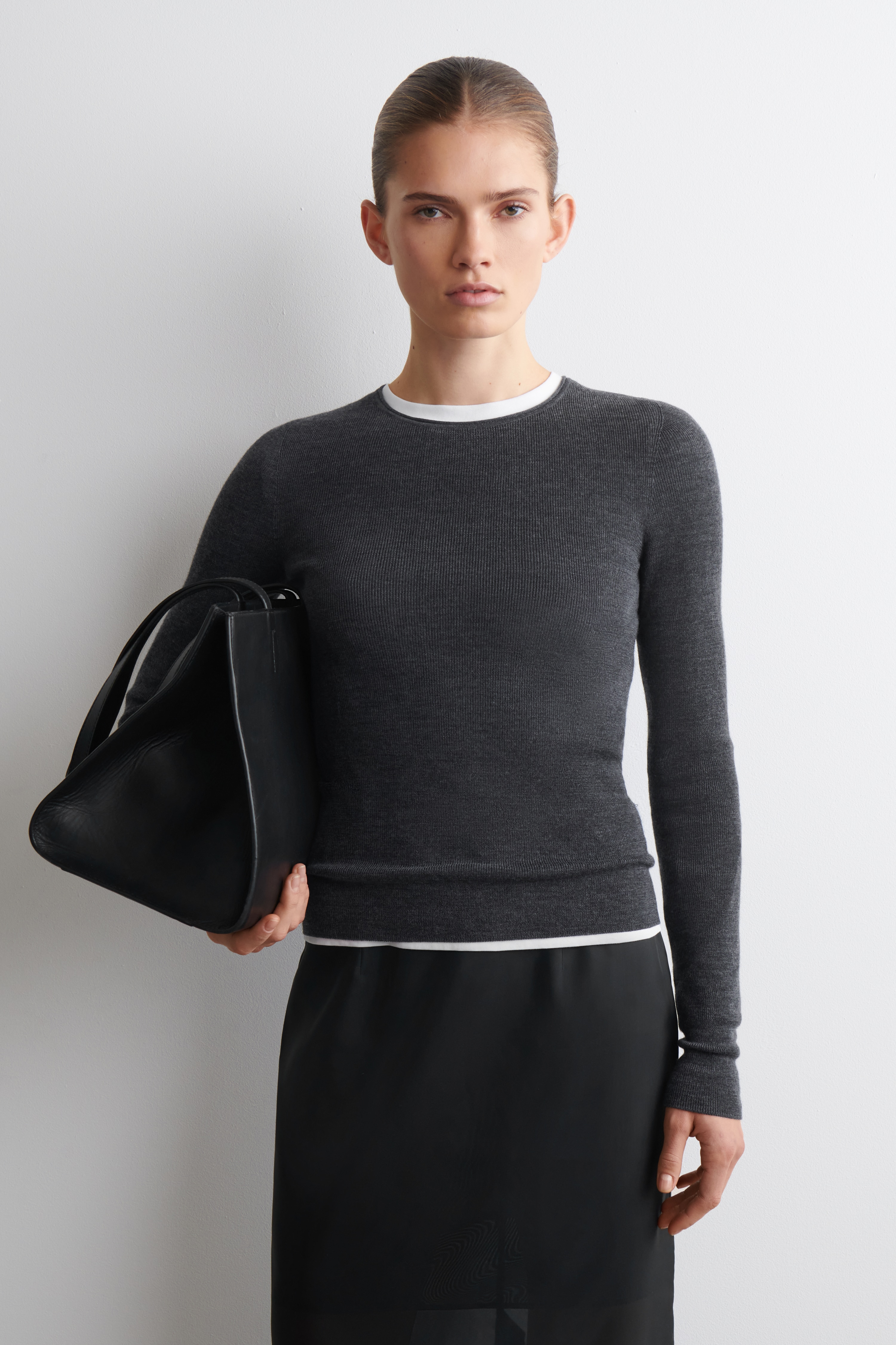 MERINO WOOL LONG-SLEEVED TOP - CHARCOAL MÉLANGE