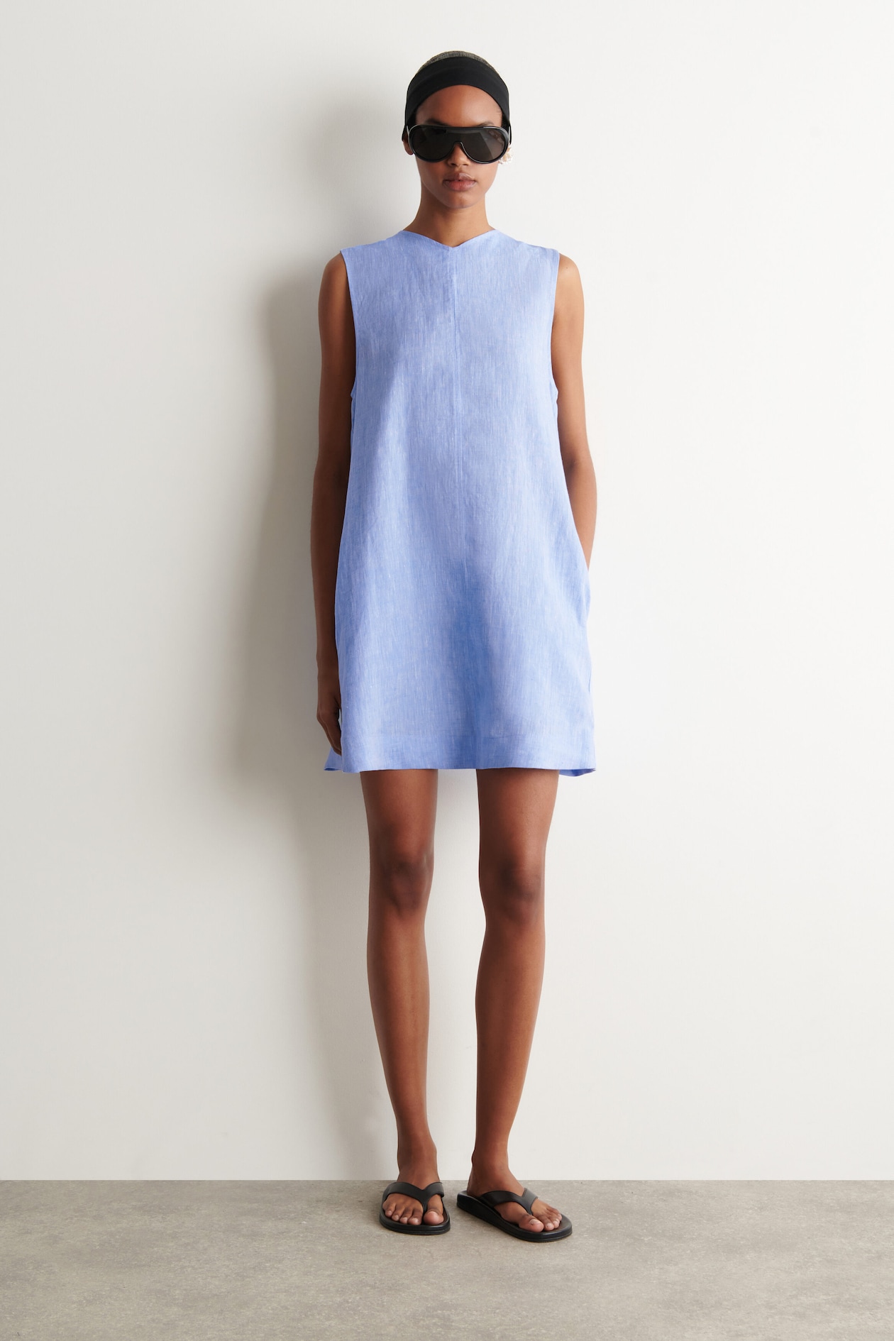 blue sleeveless dress for women V-NECK OPEN-BACK LINEN MINI - LIGHT Blue feather dress