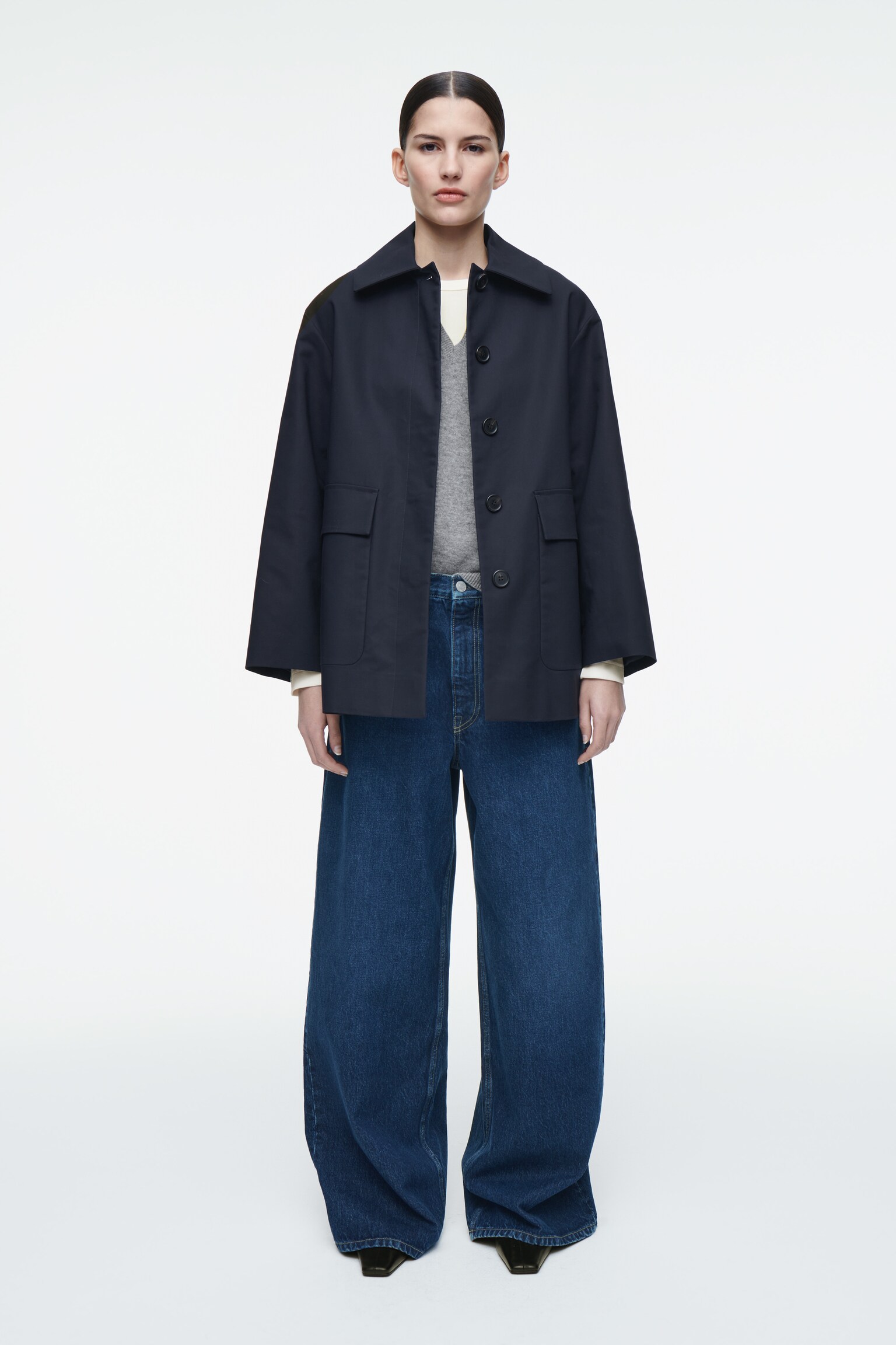 COLLARED COTTON CAR JACKET - NAVY/BEIGE