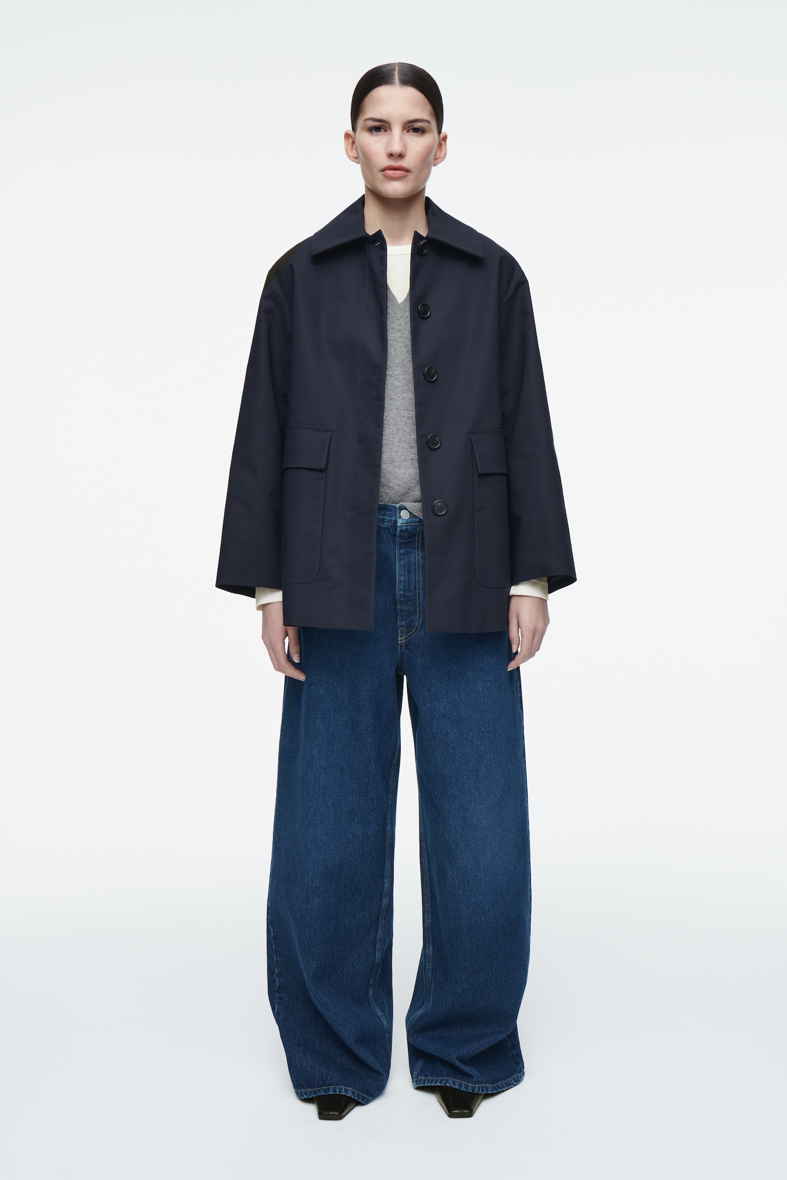 GIACCA CORTA IN COTONE CON COLLETTO - BLU NAVY/BEIGE