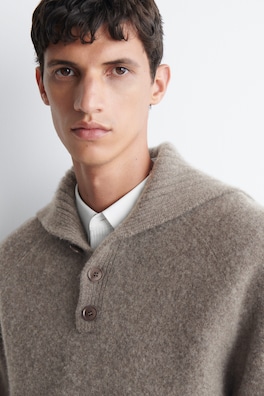 BUTTONED PURE CASHMERE MOCK-NECK SWEATER — MOCHA 5
