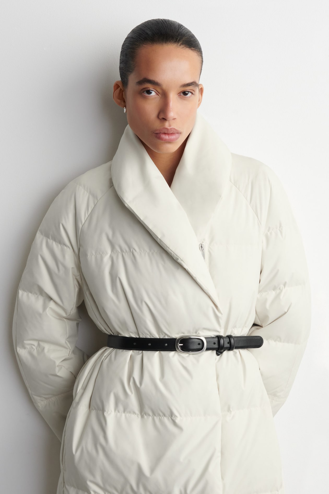 SHAWL-COLLAR QUILTED DOWN LONG COAT — OFF-WHITE