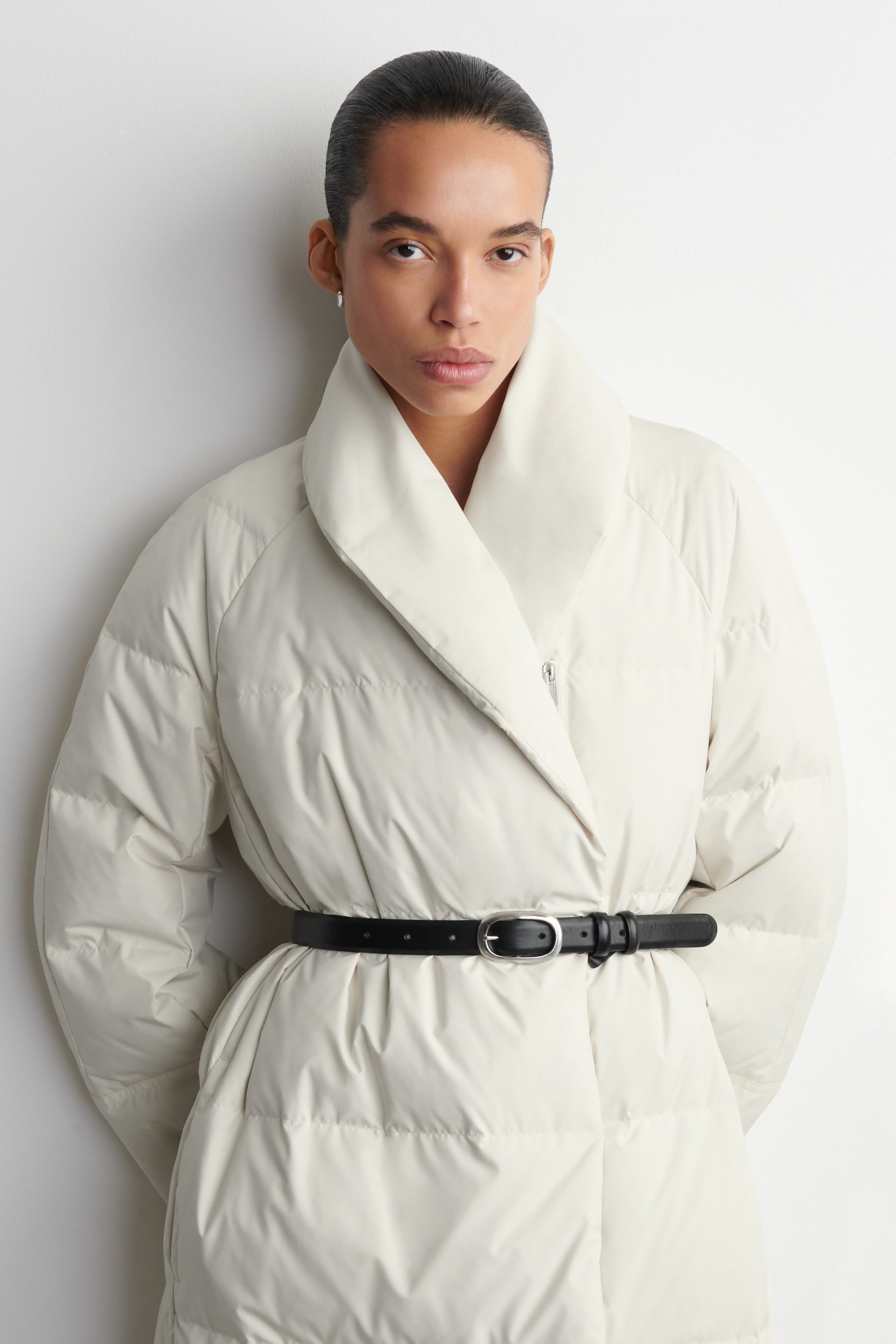 SHAWL-COLLAR QUILTED DOWN LONG COAT