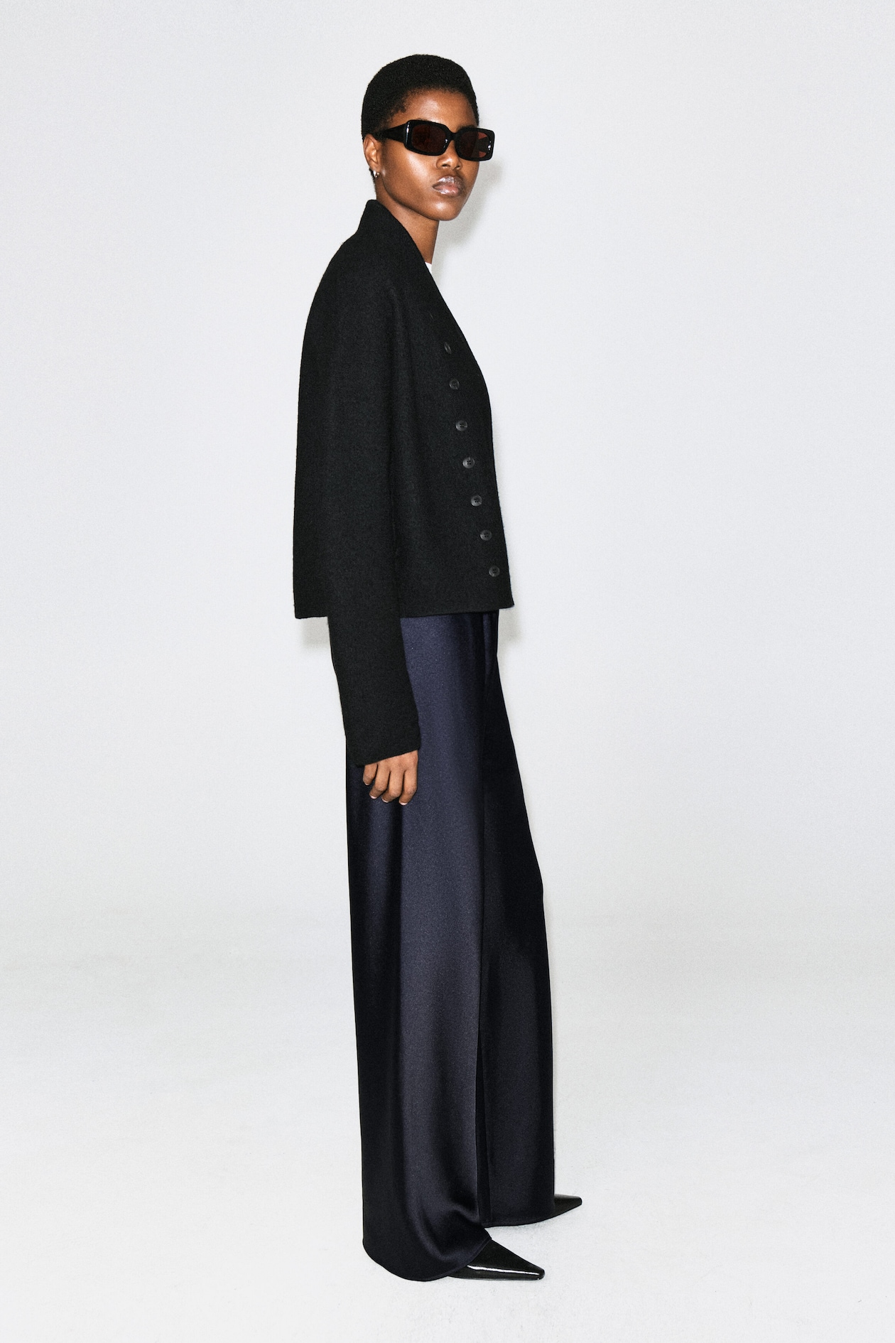 SATIN WIDE-LEG PANTS — NAVY