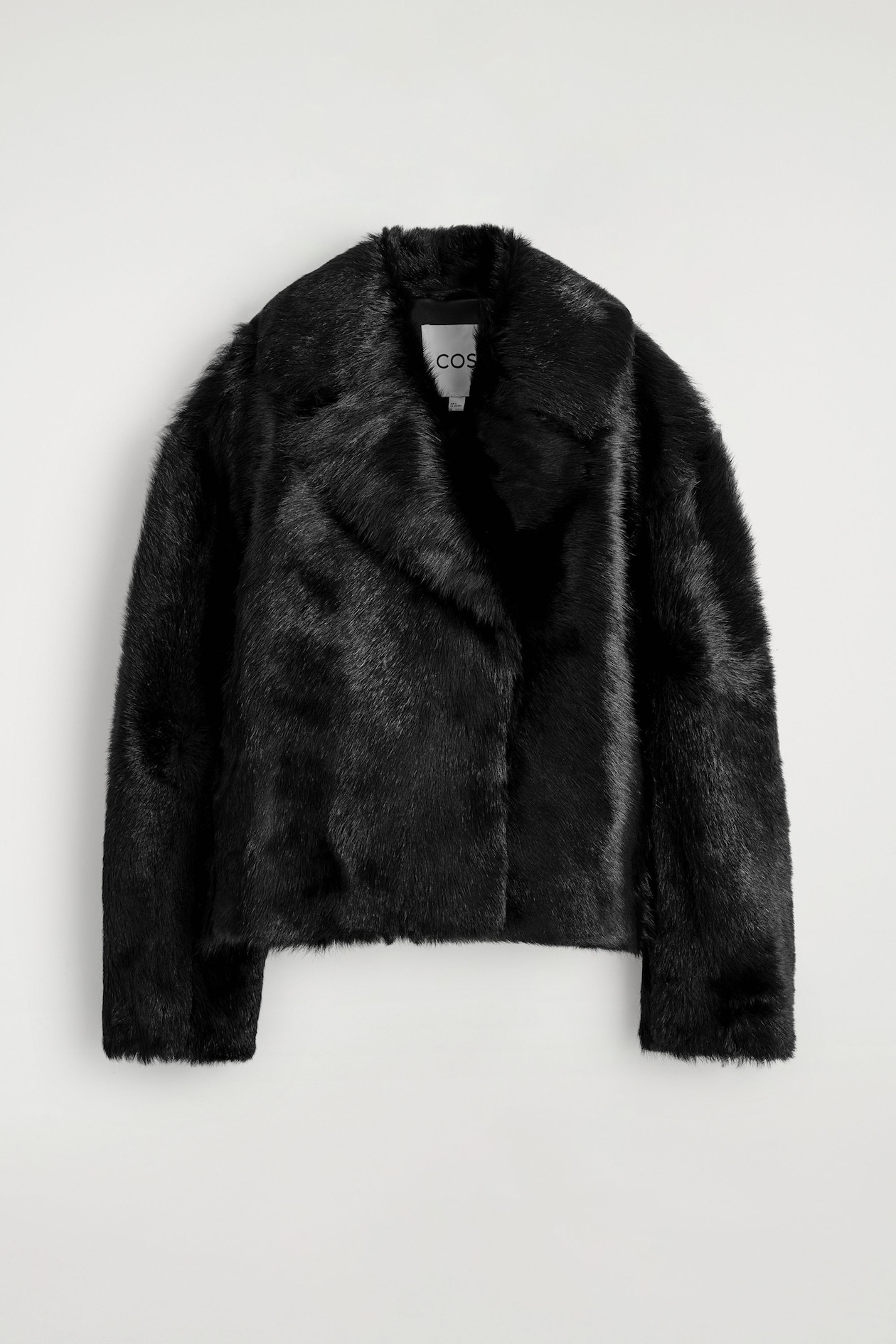 COLLARED PONY HAIR-EFFECT LEATHER JACKET — BLACK