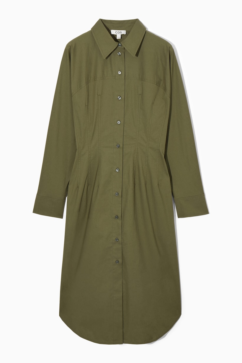 cos green midi dress ASYMMETRIC GATHERED SATIN MIDI DRESS - GREEN