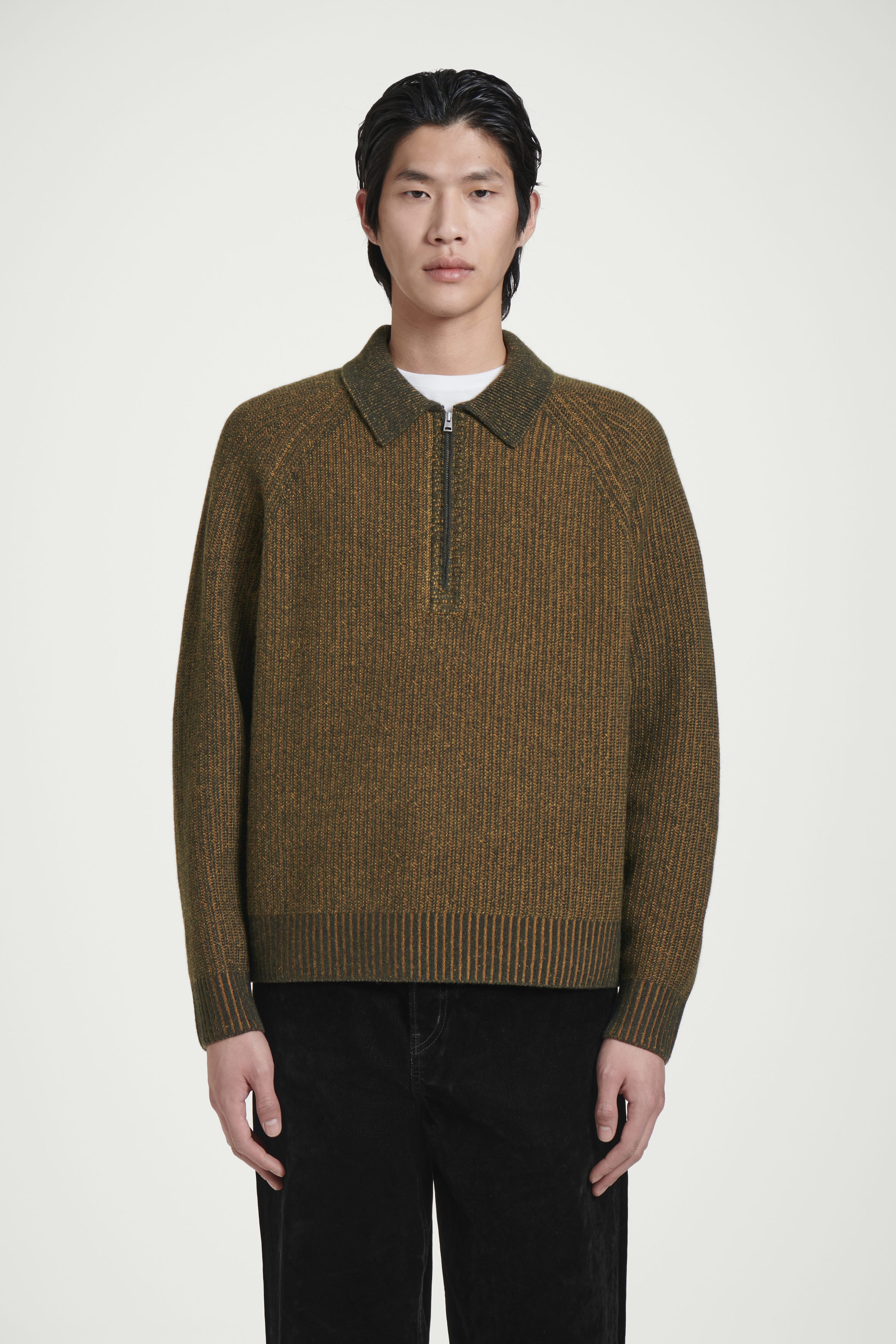 COLLARED MERINO WOOL-YAK BLEND HALF-ZIP SWEATER - MUSTARD