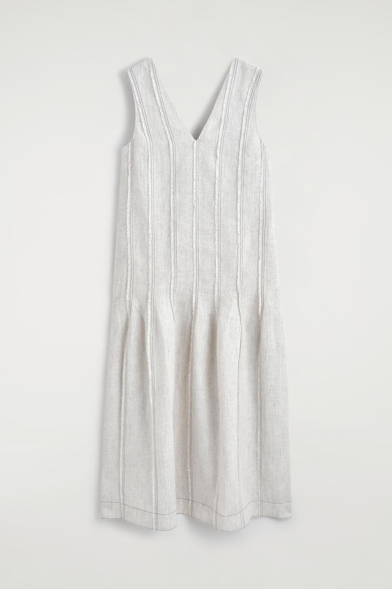 Sculpted Pleated Linen Midi Dress in Gray
