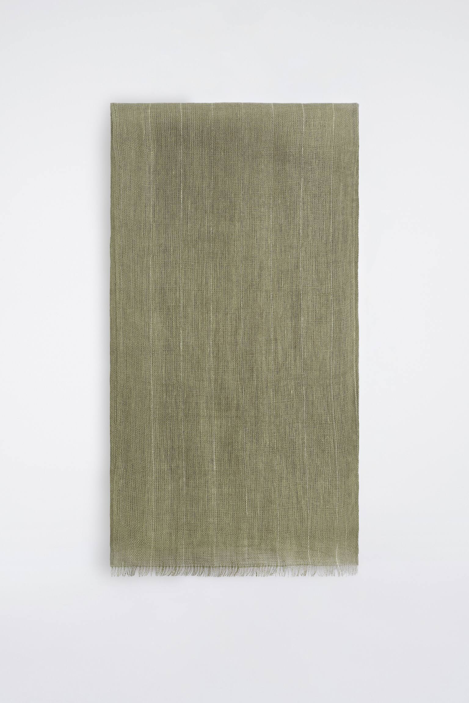 צעיף פשתן עם פרנזים - KHAKI / STRIPED/בז' / פסים - 1
