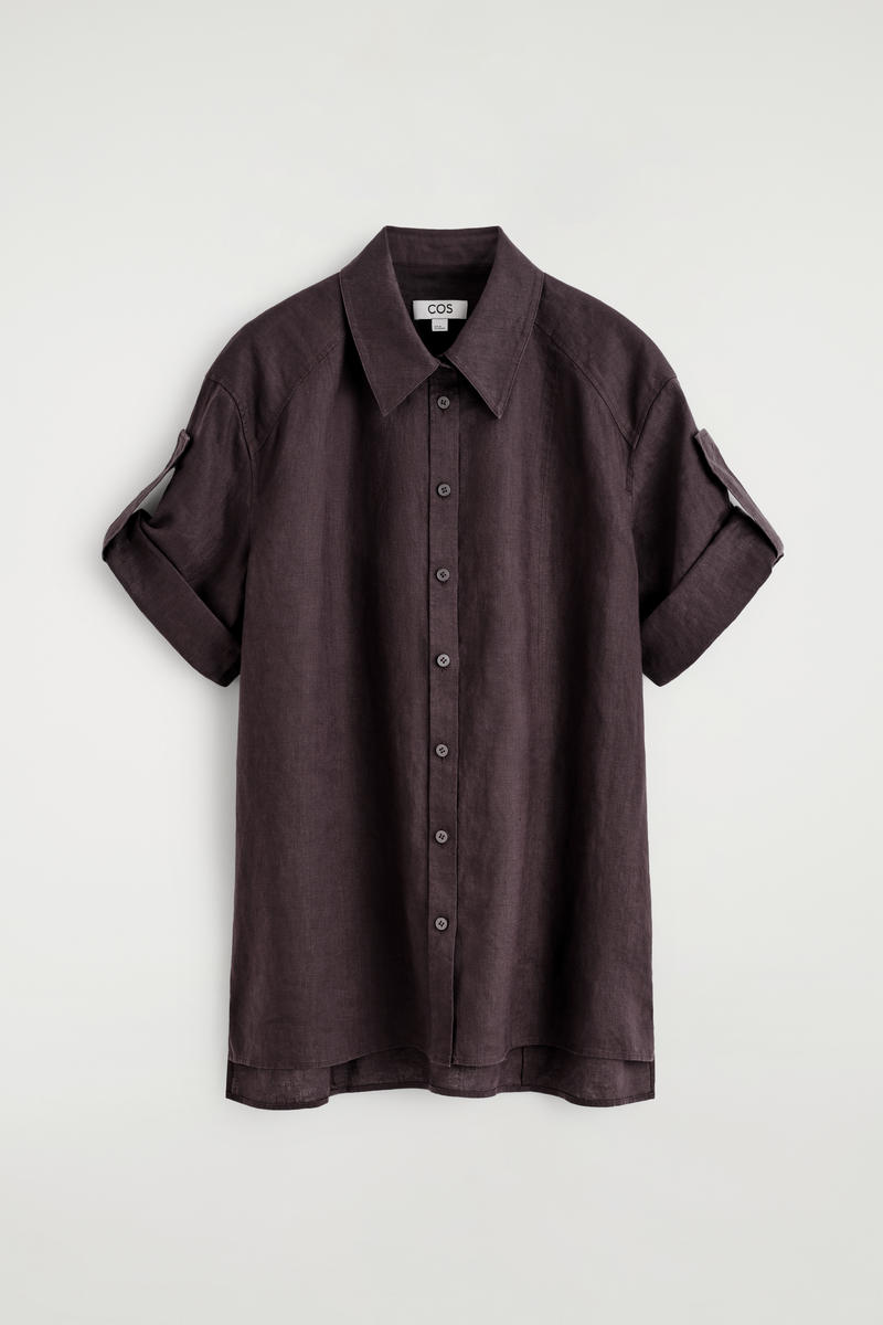 Folded-Sleeve Linen Shirt in Red