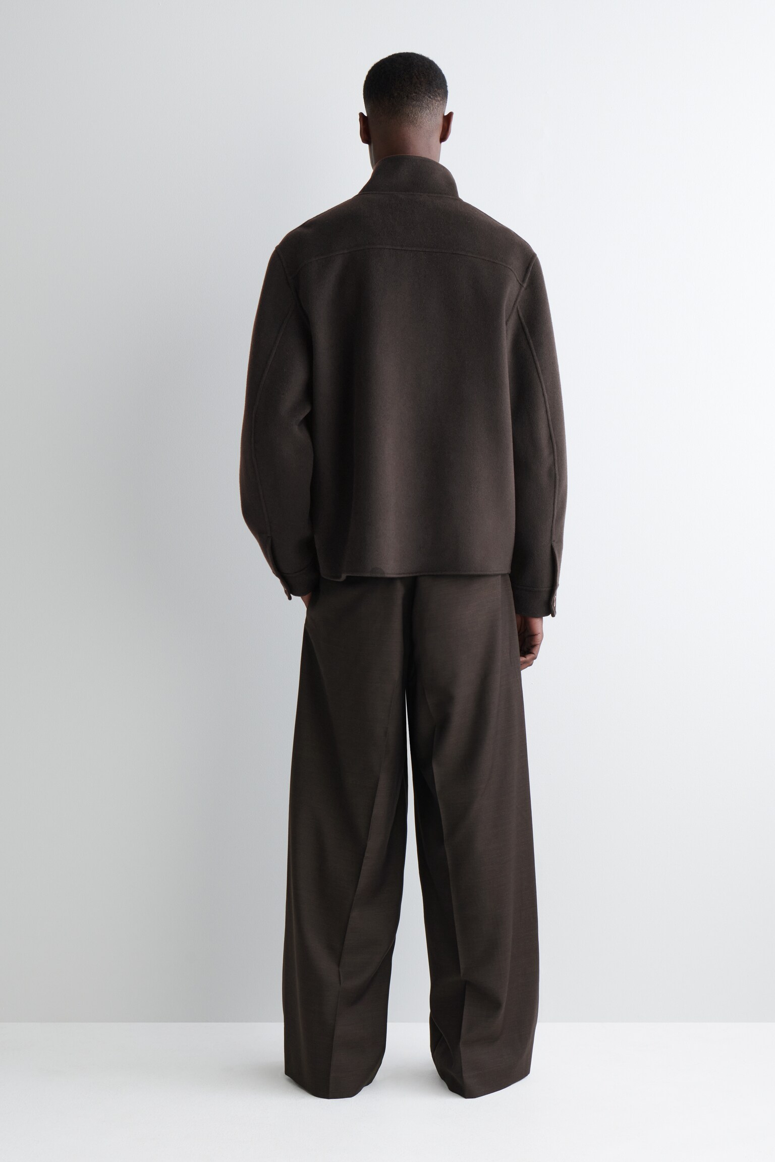 VESTE À COL CHEMINÉE EN LAINE DOUBLE FACE - BRUN FONCÉ/CAMEL - 4