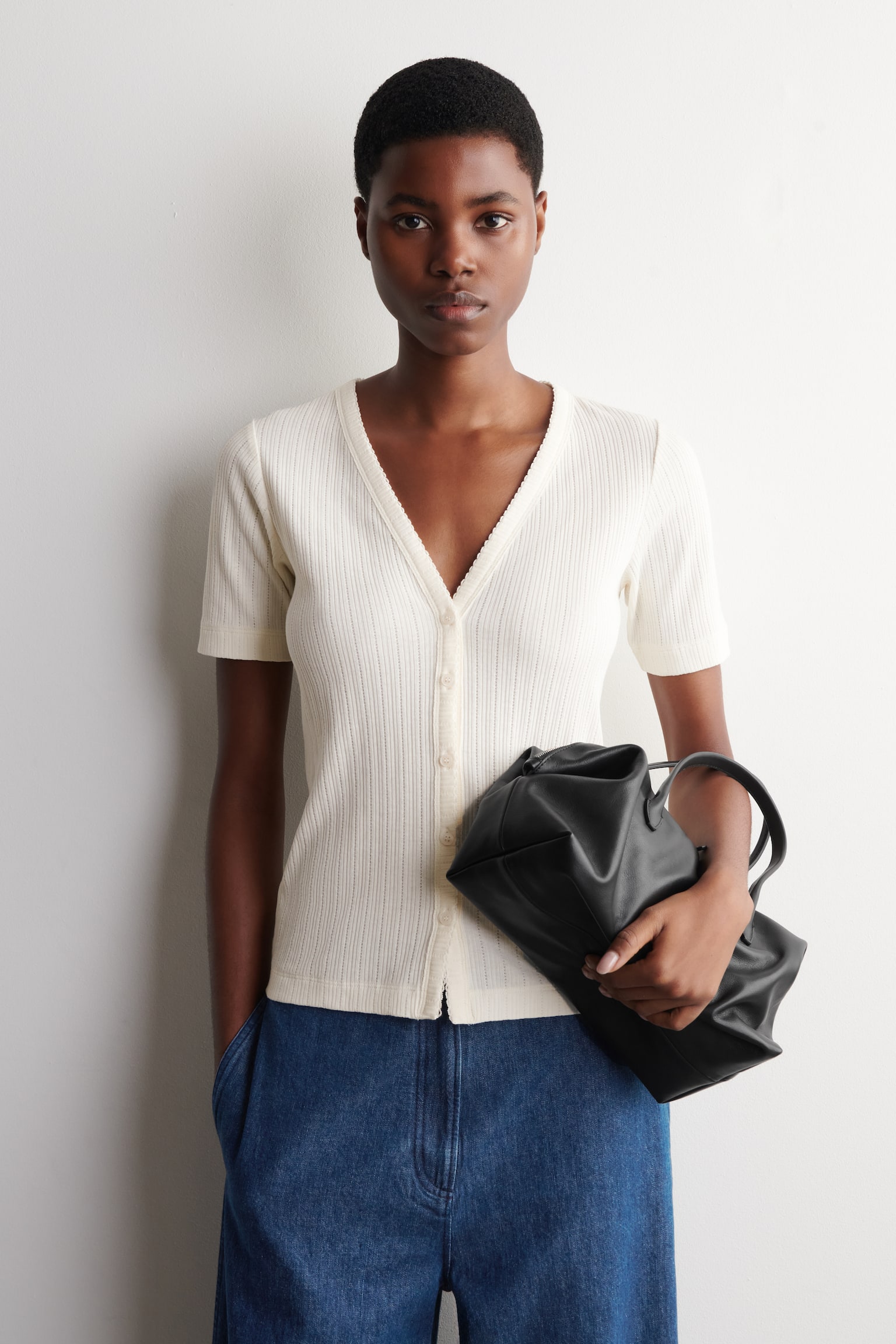 Pointelle-strikket kortermet cardigan-Elfenben - 1