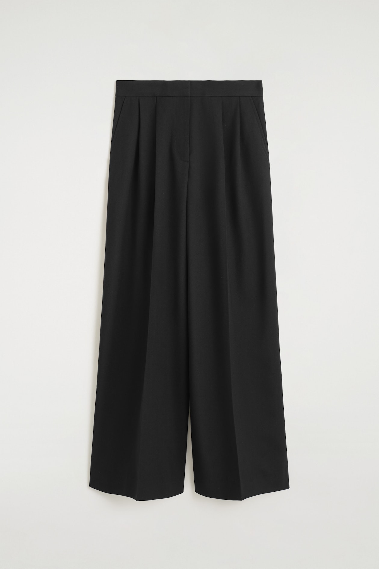 Pleated wide-leg pants in black are shown from a front-facing view, featuring a structured waistband, deep front pleats, and side pockets. The legs drape into a wide-leg silhouette with sharp pressed creases running down the center.