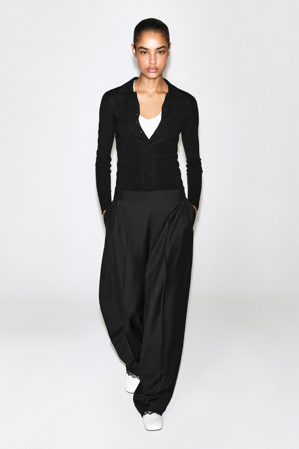 LACE-DETAIL WOOL TAPERED PANTS — BLACK