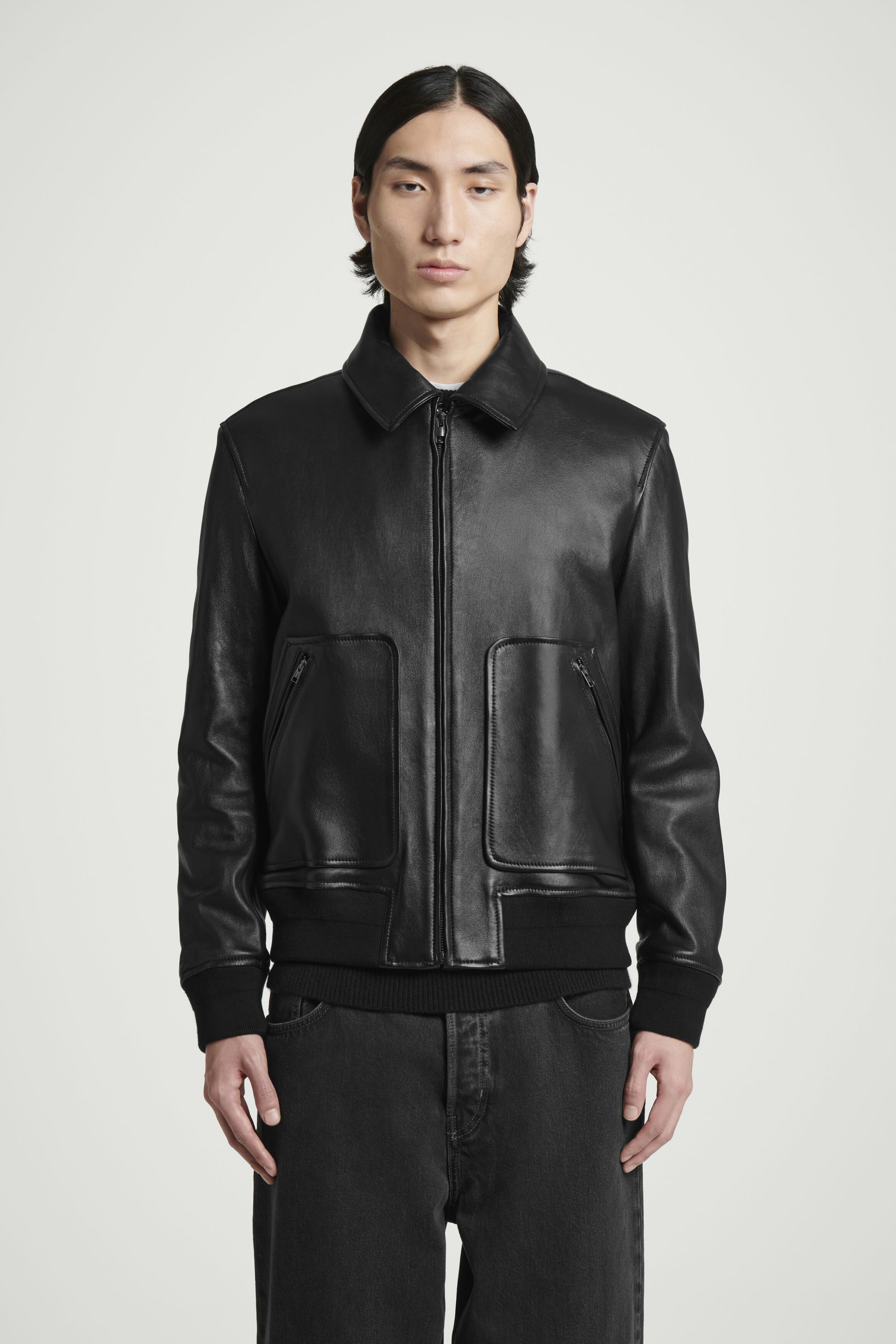 COS コス フレンチ ワークジャケット レザーカラー ブラック 黒 S Jackets