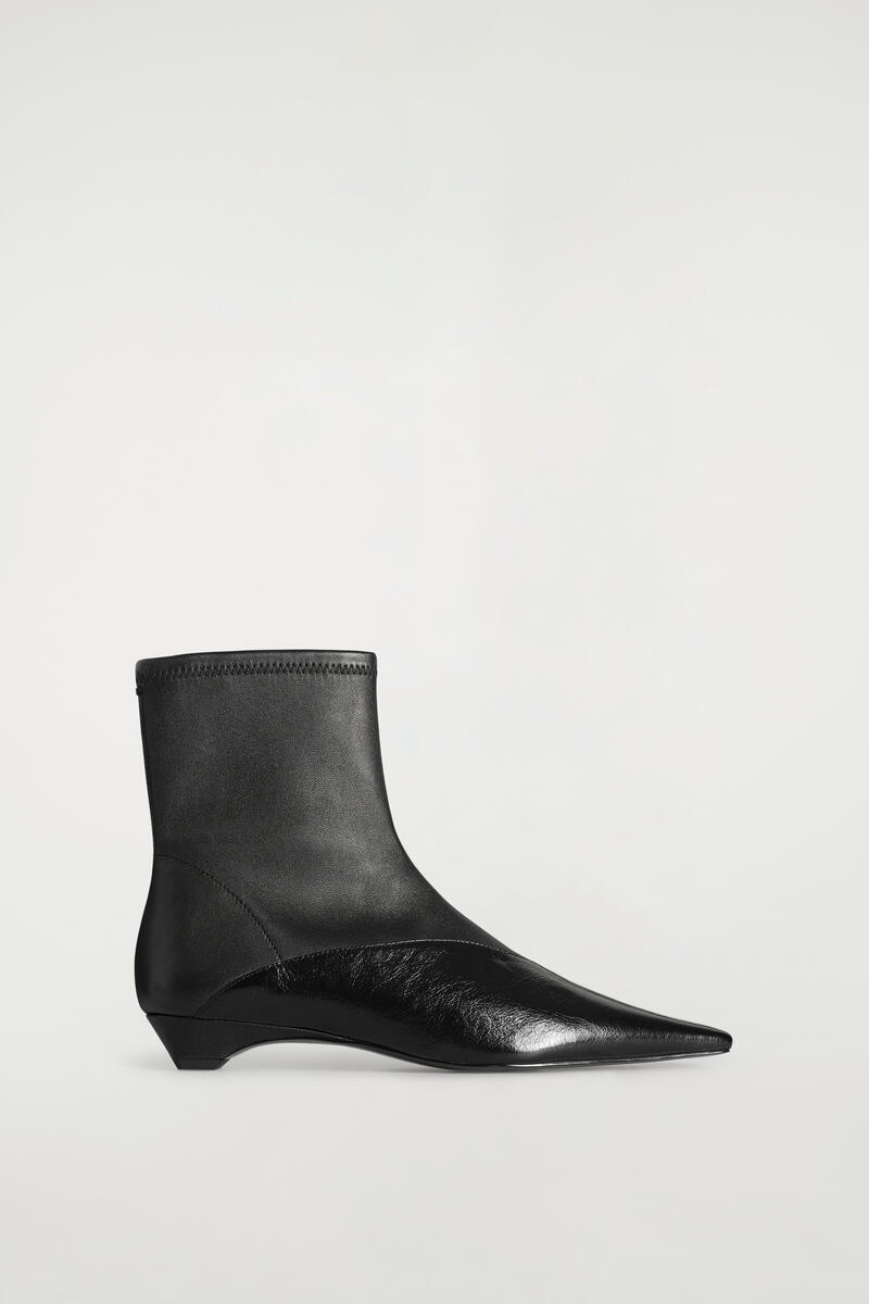 Panelled Pointed Leather Wedge Ankle Boots