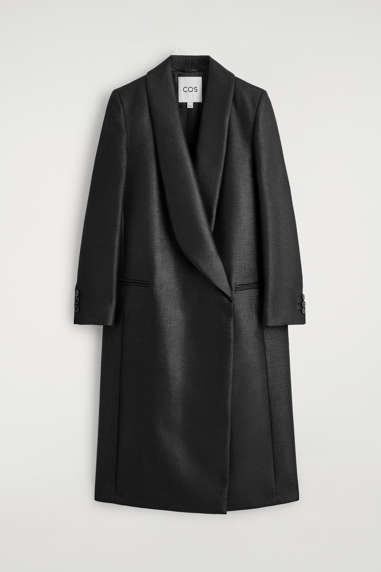 TAILORED METALLIC WOOL-BLEND LONG COAT — BLACK