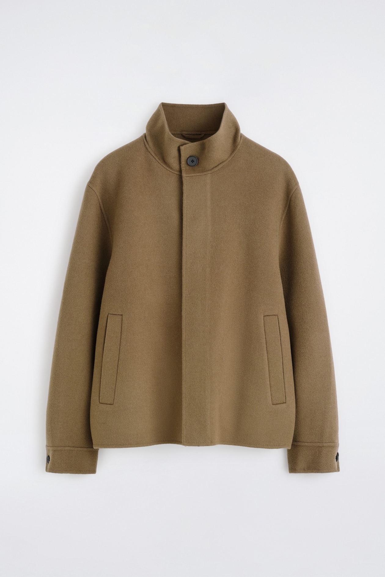 DOUBLE-FACED WOOL MOCK-NECK JACKET — DARK BEIGE