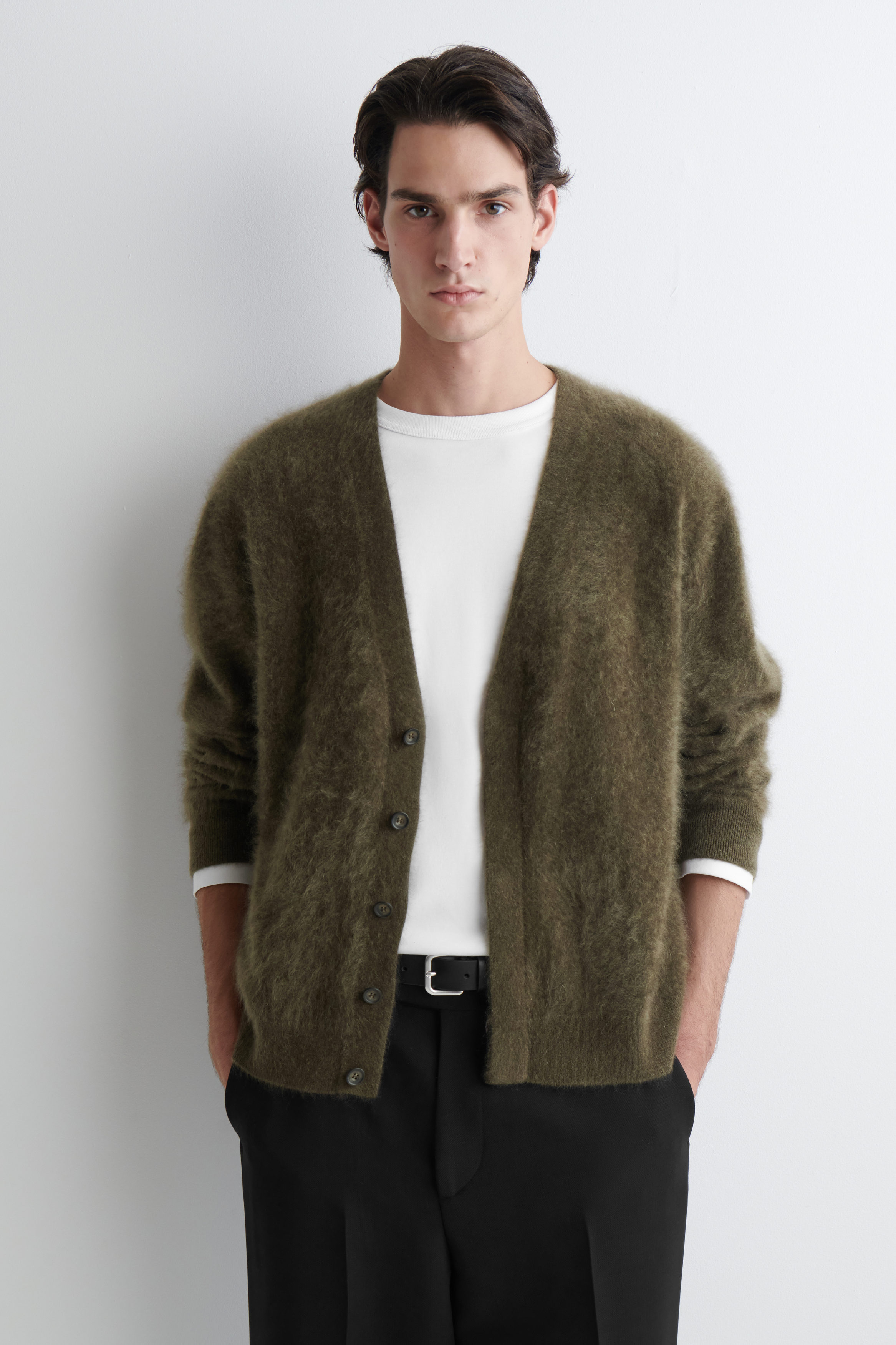 BRUSHED-CASHMERE V-NECK CARDIGAN - DARK KHAKI | COS US