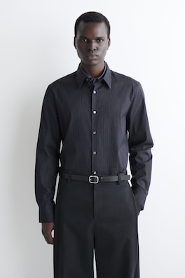SLIM TAILORED COTTON-POPLIN SHIRT — NAVY / PINSTRIPED 1