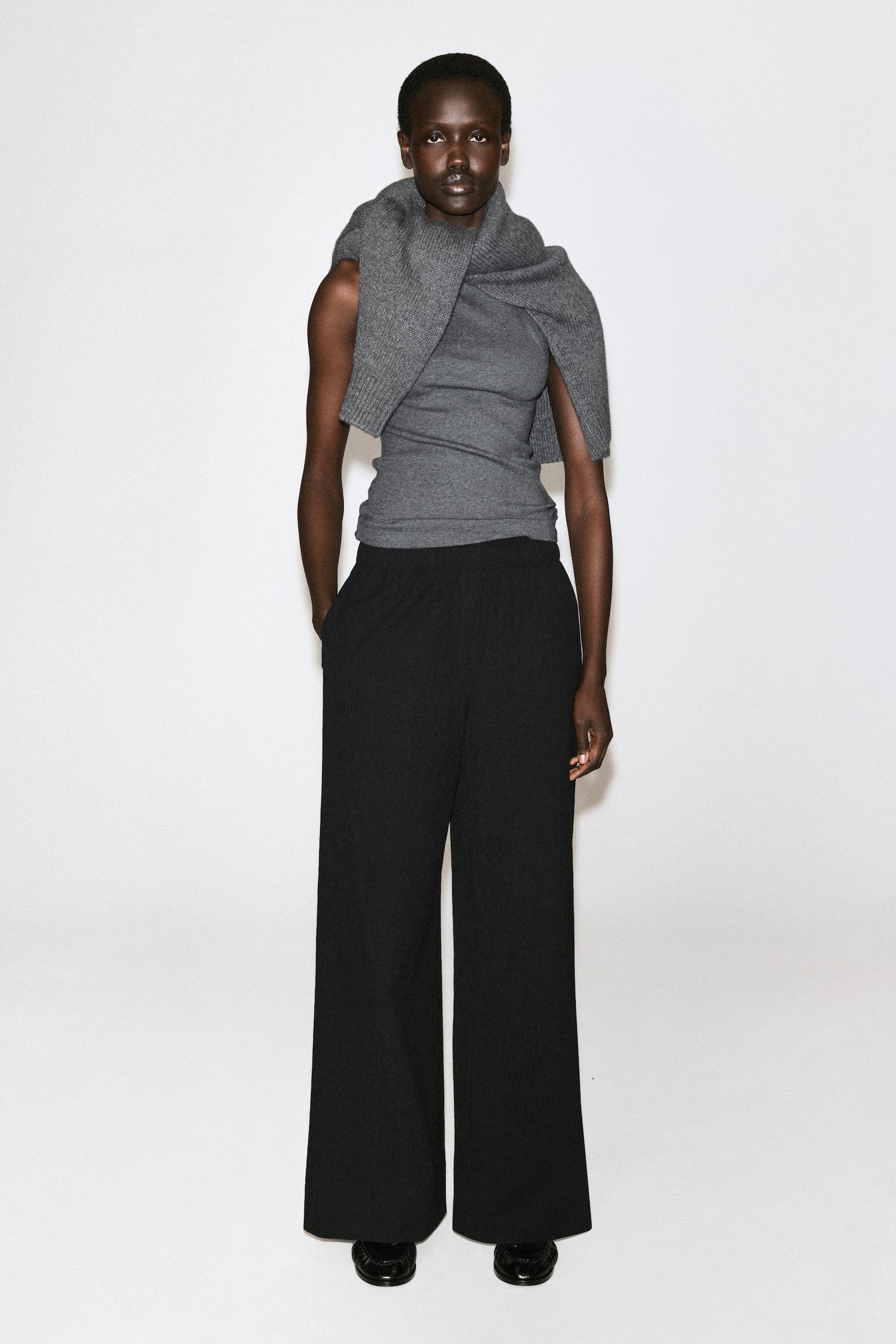 CRINKLED-JERSEY WIDE-LEG TROUSERS - BLACK/LIGHT BROWN - 1