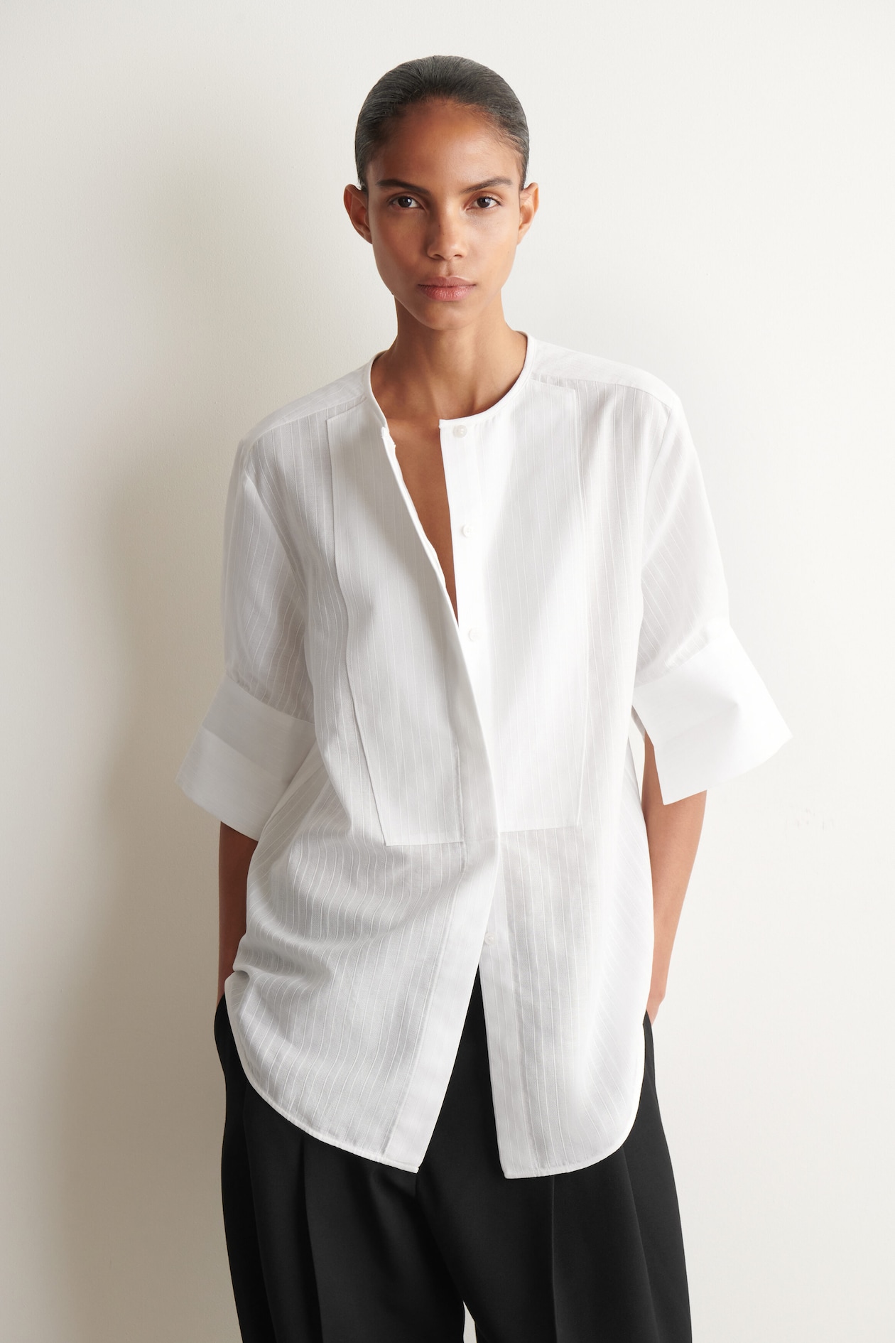 BIB-FRONT STRIPE-JACQUARD COTTON SHIRT