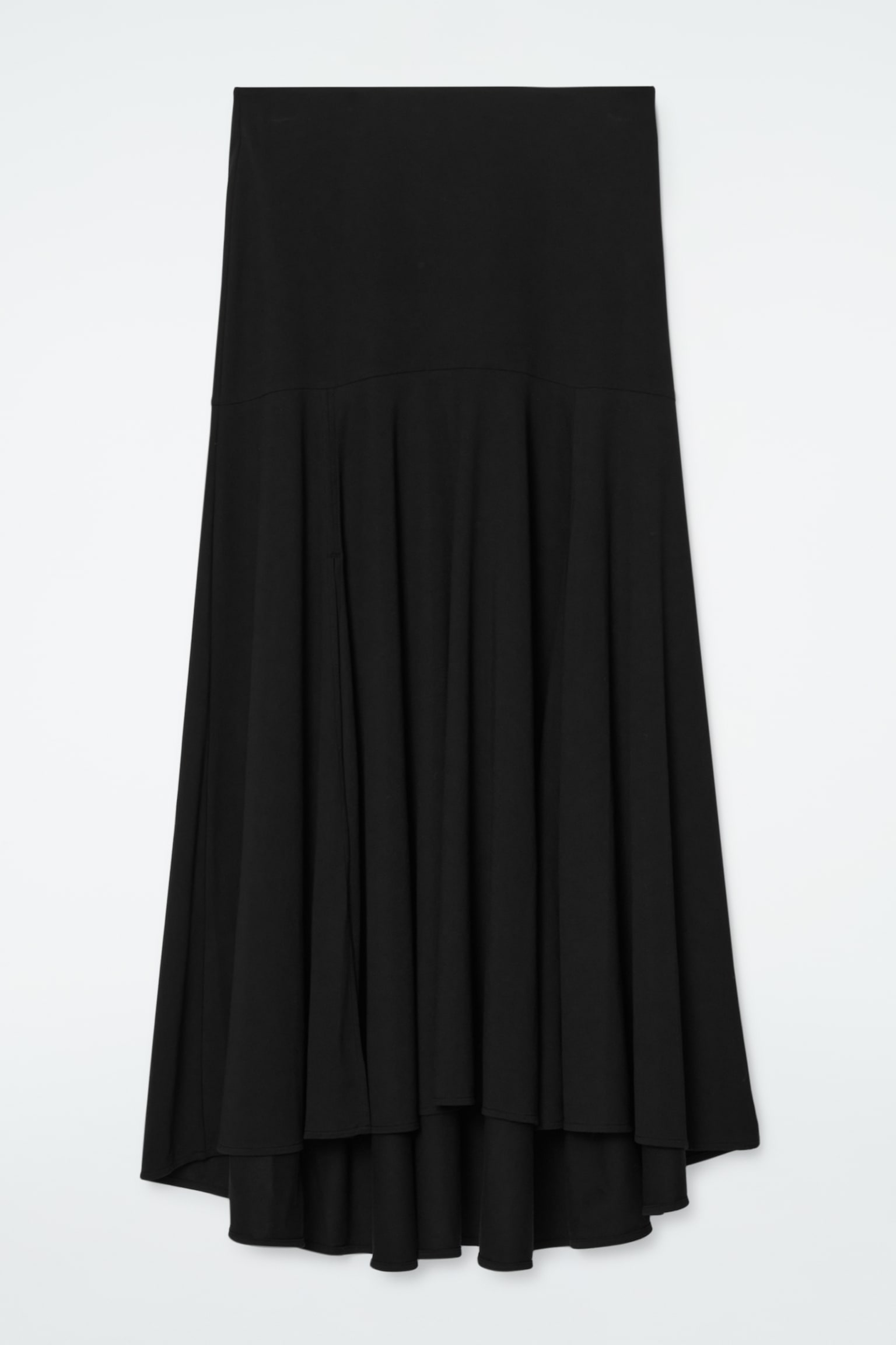 FLARED ASYMMETRIC MIDI SKIRT - BLACK