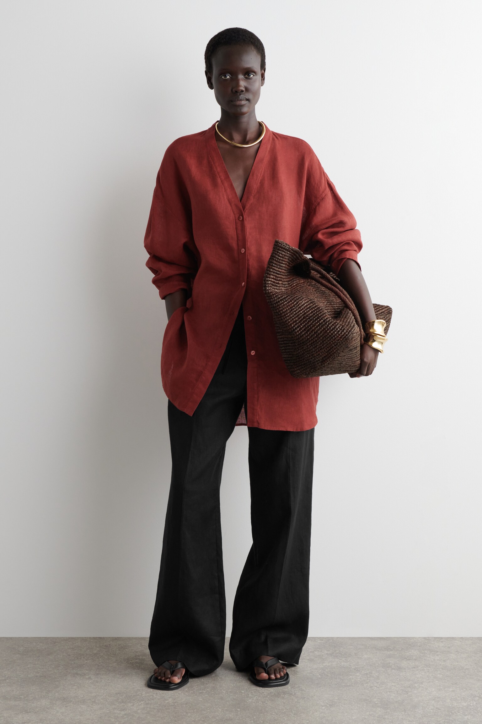 CAMICIA OVERSIZE CON SCOLLO A V IN LINO - ROSSO/BIANCO - 7